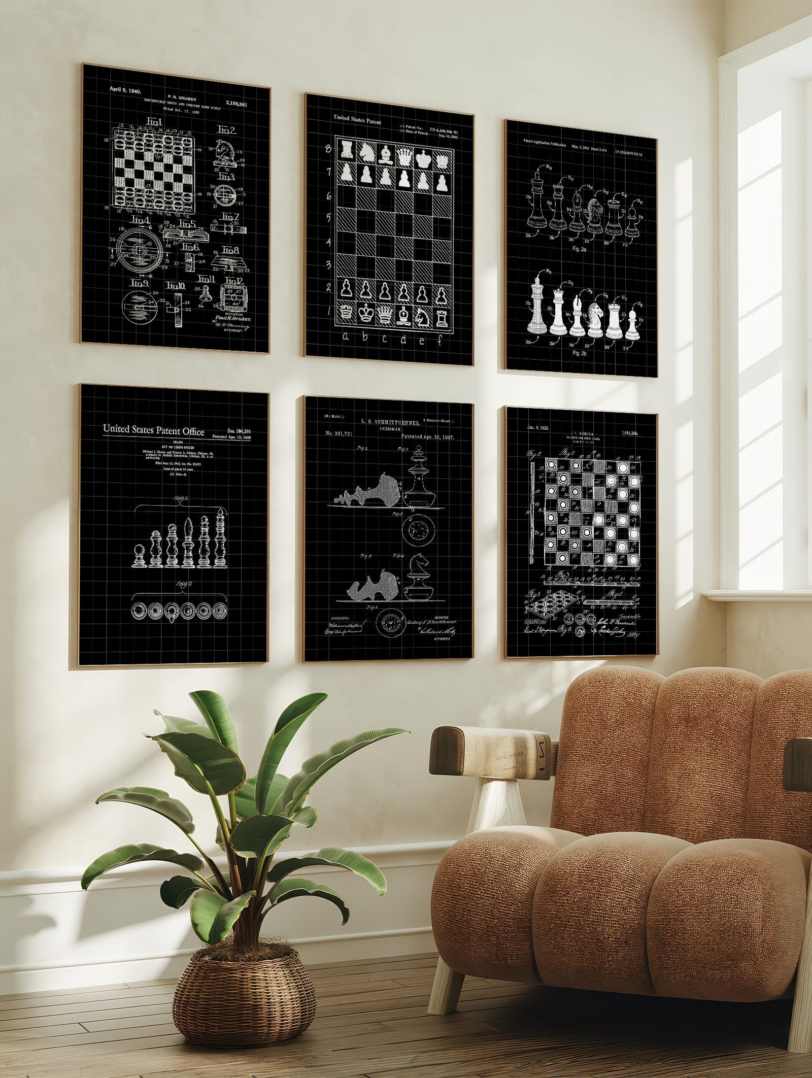 Set of 6 Chess Board Patent Wall Art Prints