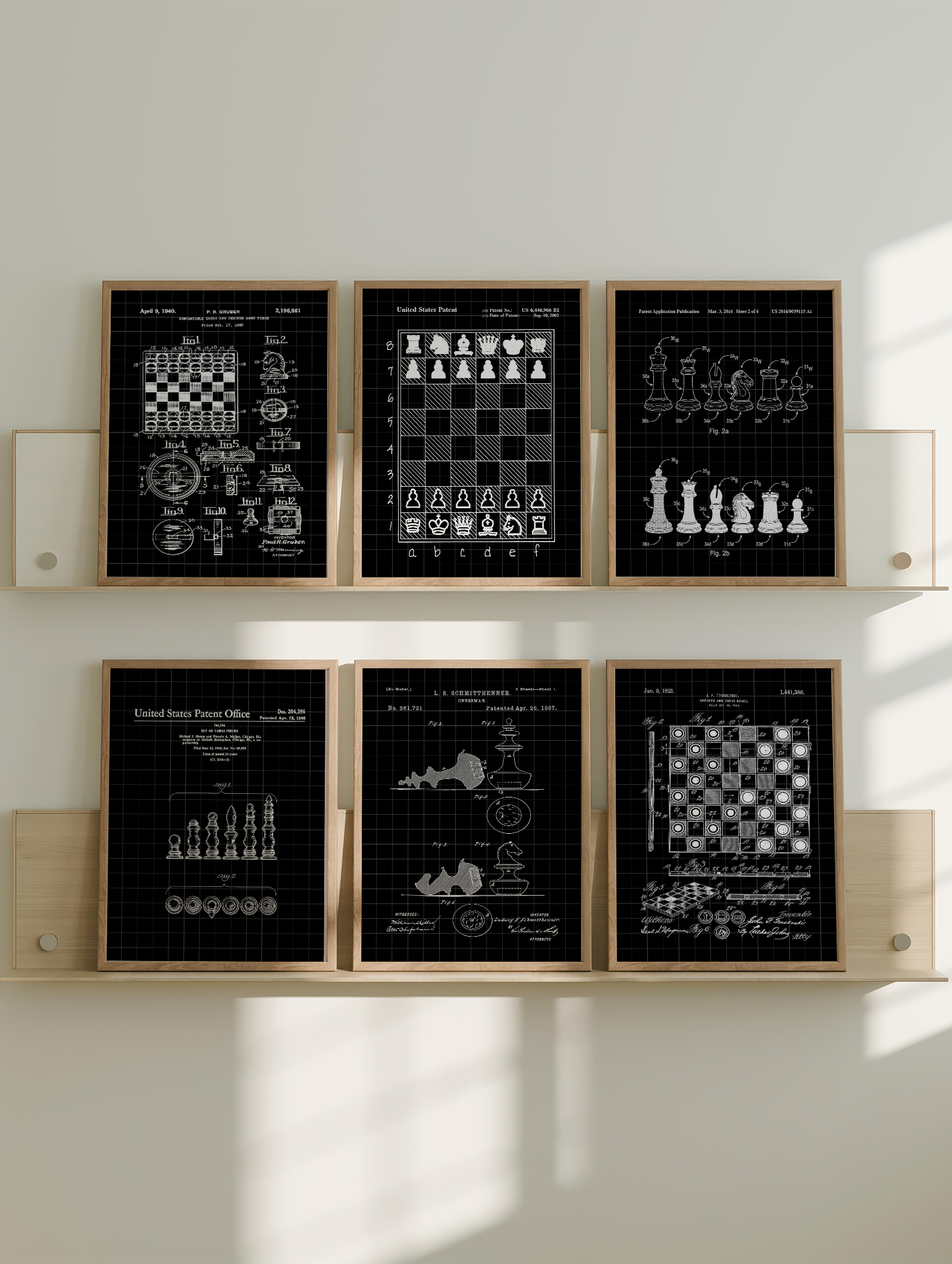 Set of 6 Chess Board Patent Wall Art Prints