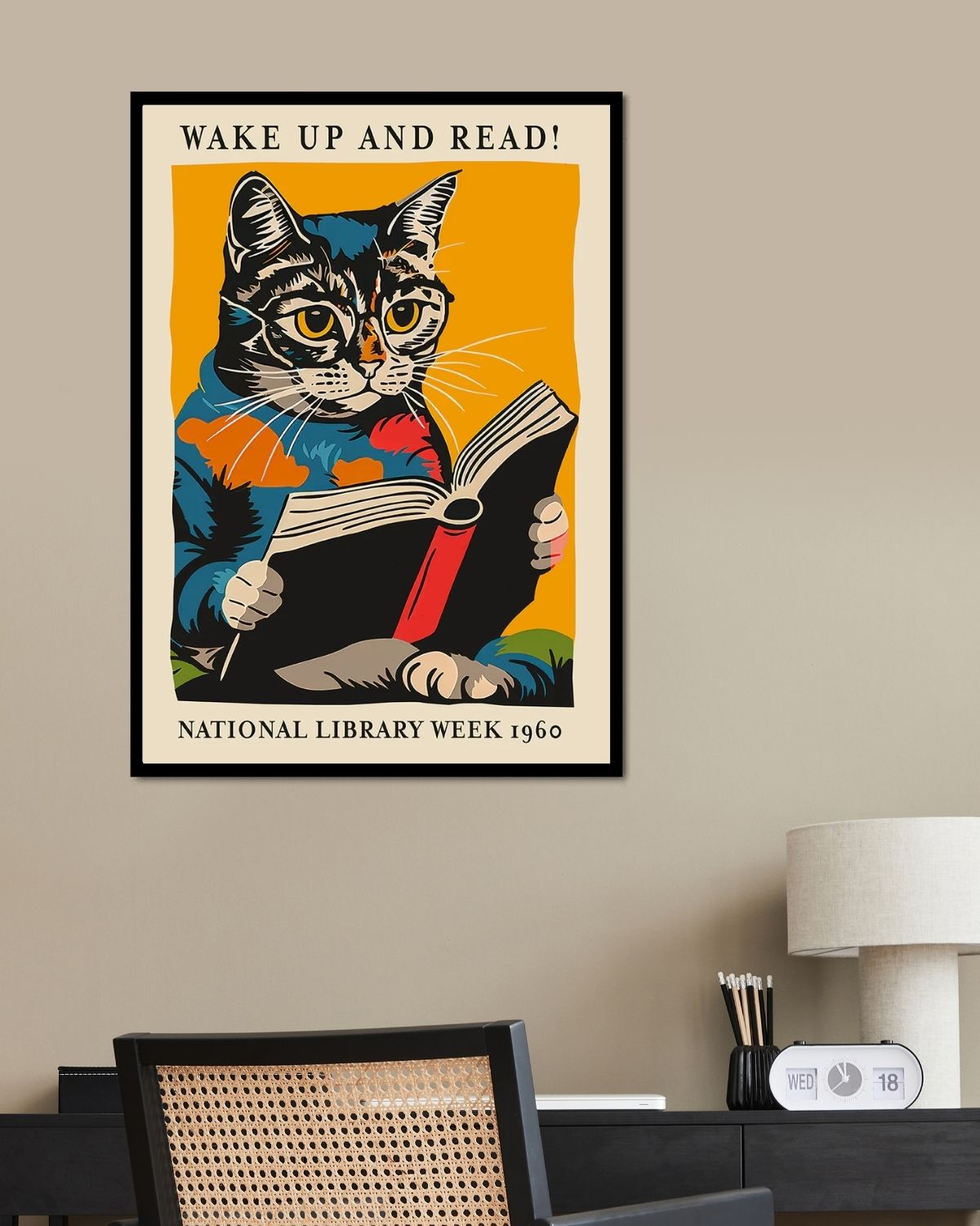 Affiche de lecture de chat - Réveillez-vous et lisez
