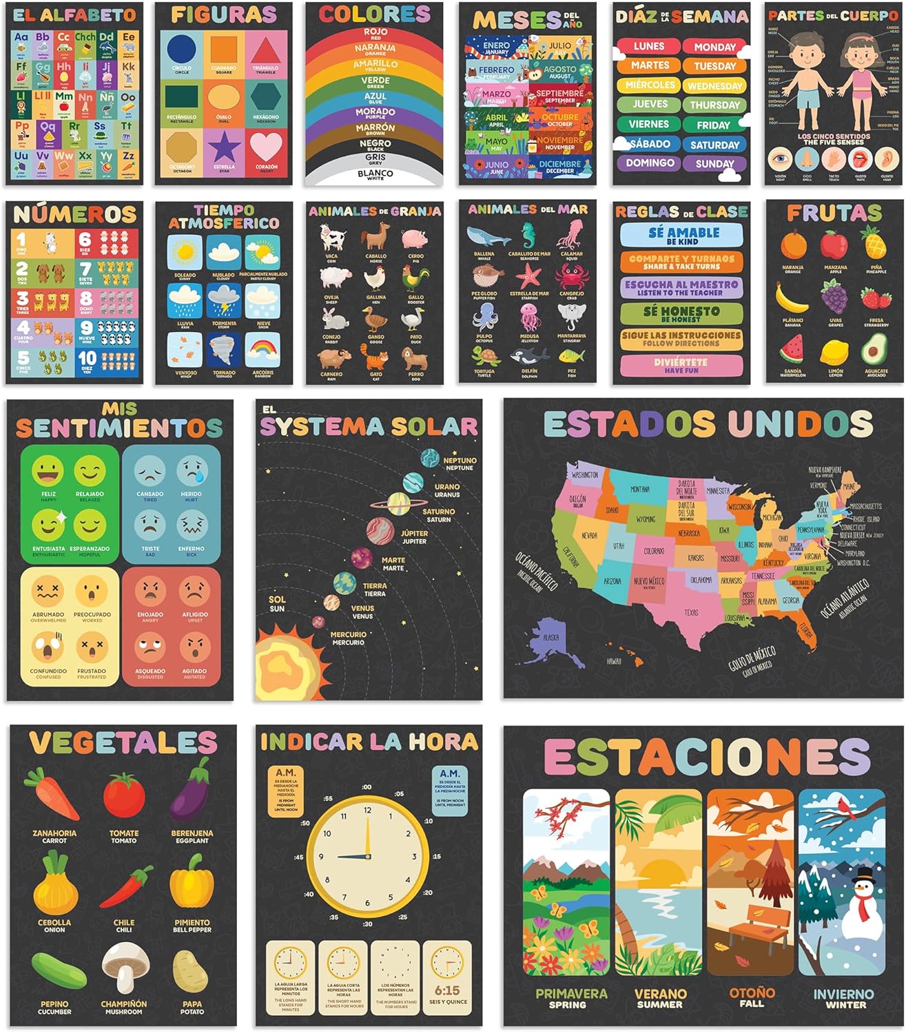 Ensemble d'affiches éducatives en espagnol pour enfants, affiches de l'alphabet, impressions de salle de jeux, décoration de salle de classe Montessori, enseignant bilingue en éducation
