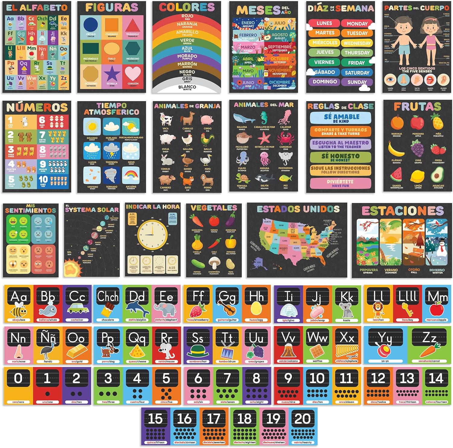 Ensemble d'affiches éducatives en espagnol pour enfants, affiches de l'alphabet, impressions de salle de jeux, décoration de salle de classe Montessori, enseignant bilingue en éducation