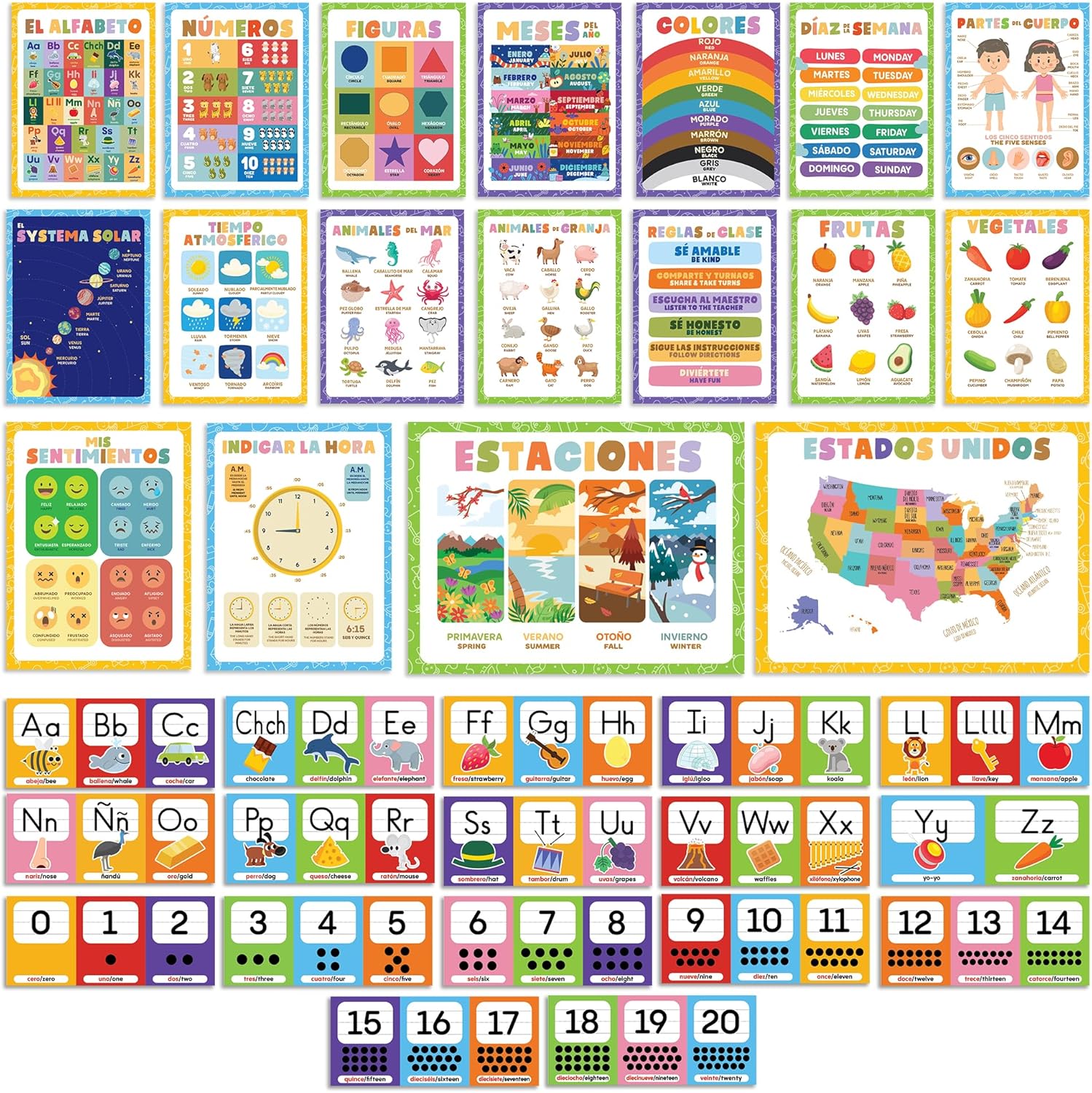 Ensemble d'affiches éducatives en espagnol pour enfants, affiches de l'alphabet, impressions de salle de jeux, décoration de salle de classe Montessori, enseignant bilingue en éducation