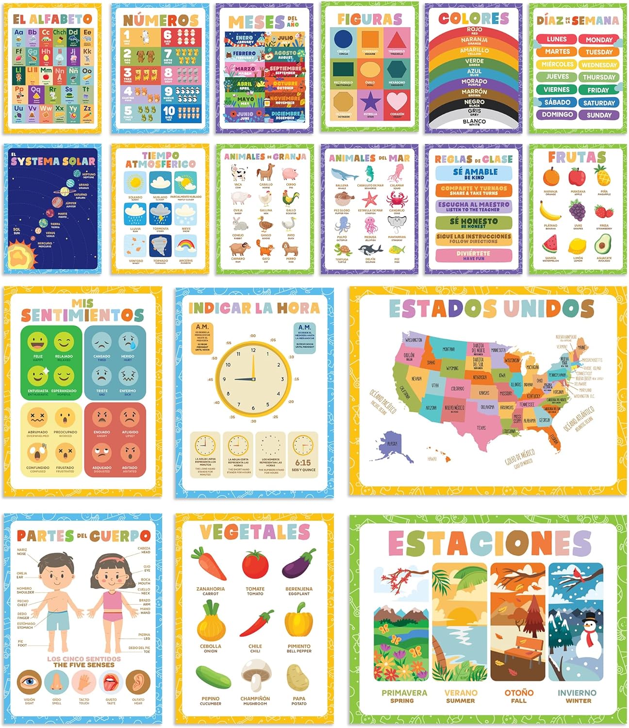 Ensemble d'affiches éducatives en espagnol pour enfants, affiches de l'alphabet, impressions de salle de jeux, décoration de salle de classe Montessori, enseignant bilingue en éducation