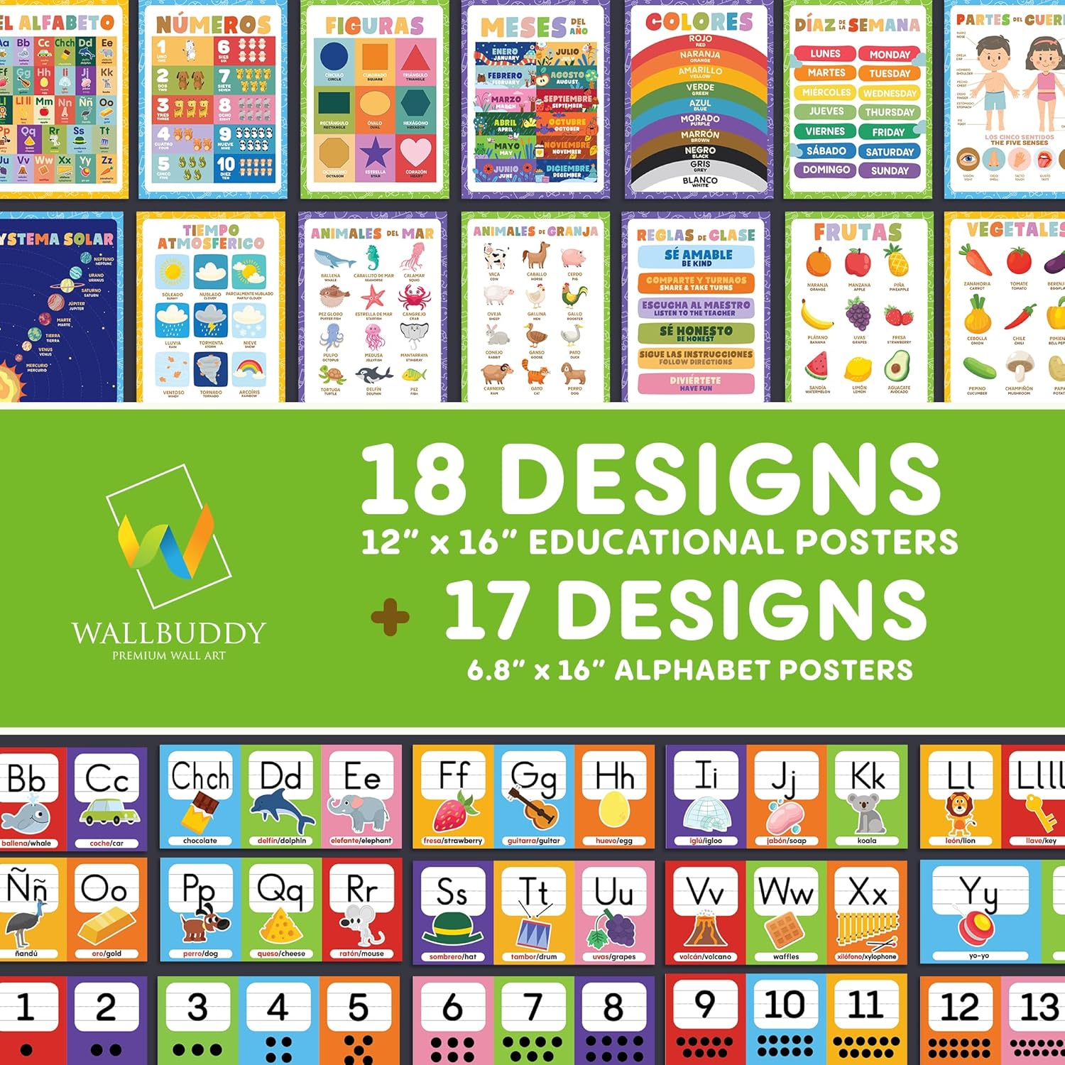 Ensemble d'affiches éducatives en espagnol pour enfants, affiches de l'alphabet, impressions de salle de jeux, décoration de salle de classe Montessori, enseignant bilingue en éducation