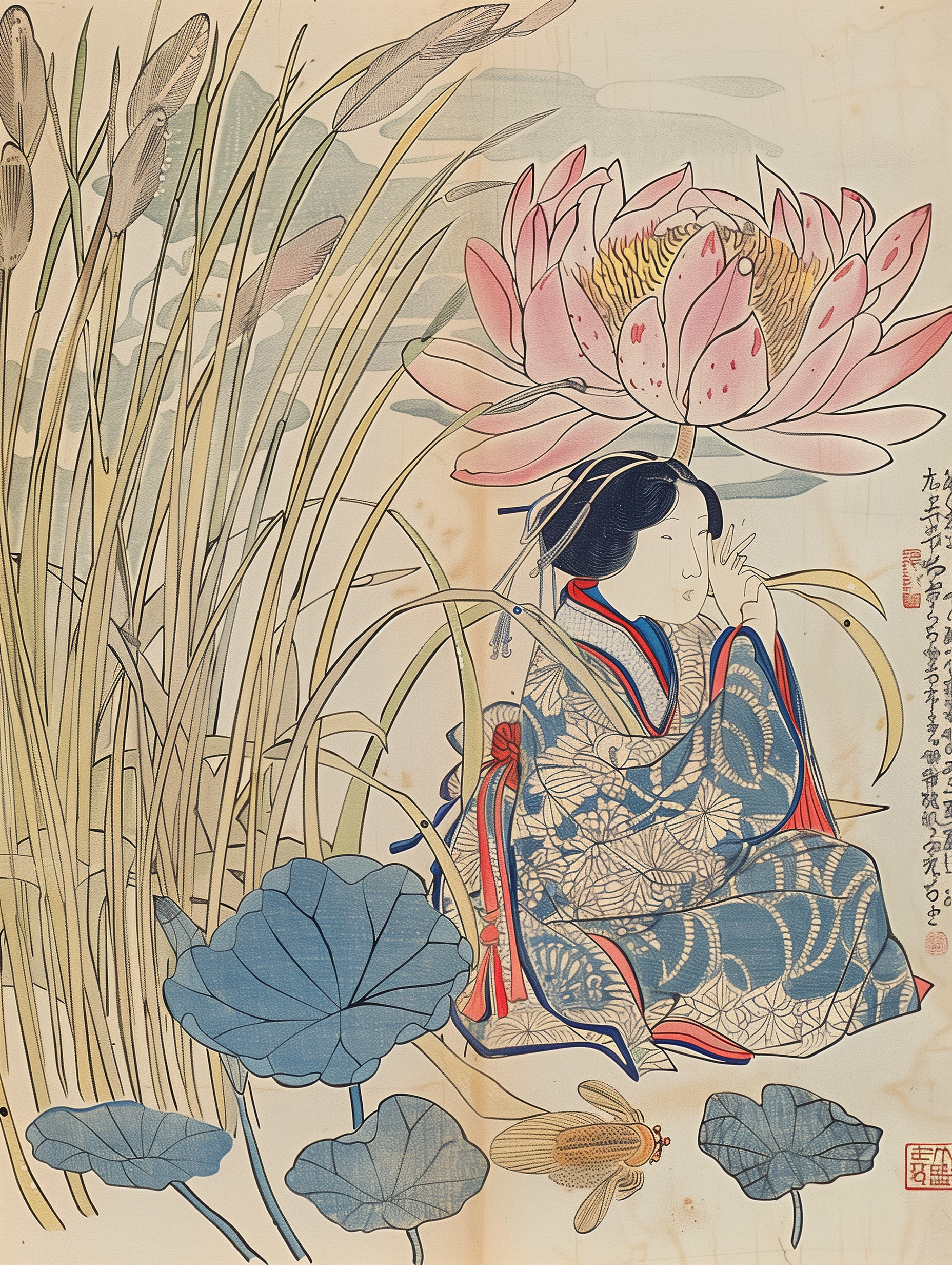 Japanese Lotus Garden Ukiyo-e Poster with Woman in Kimono Floral Art Print