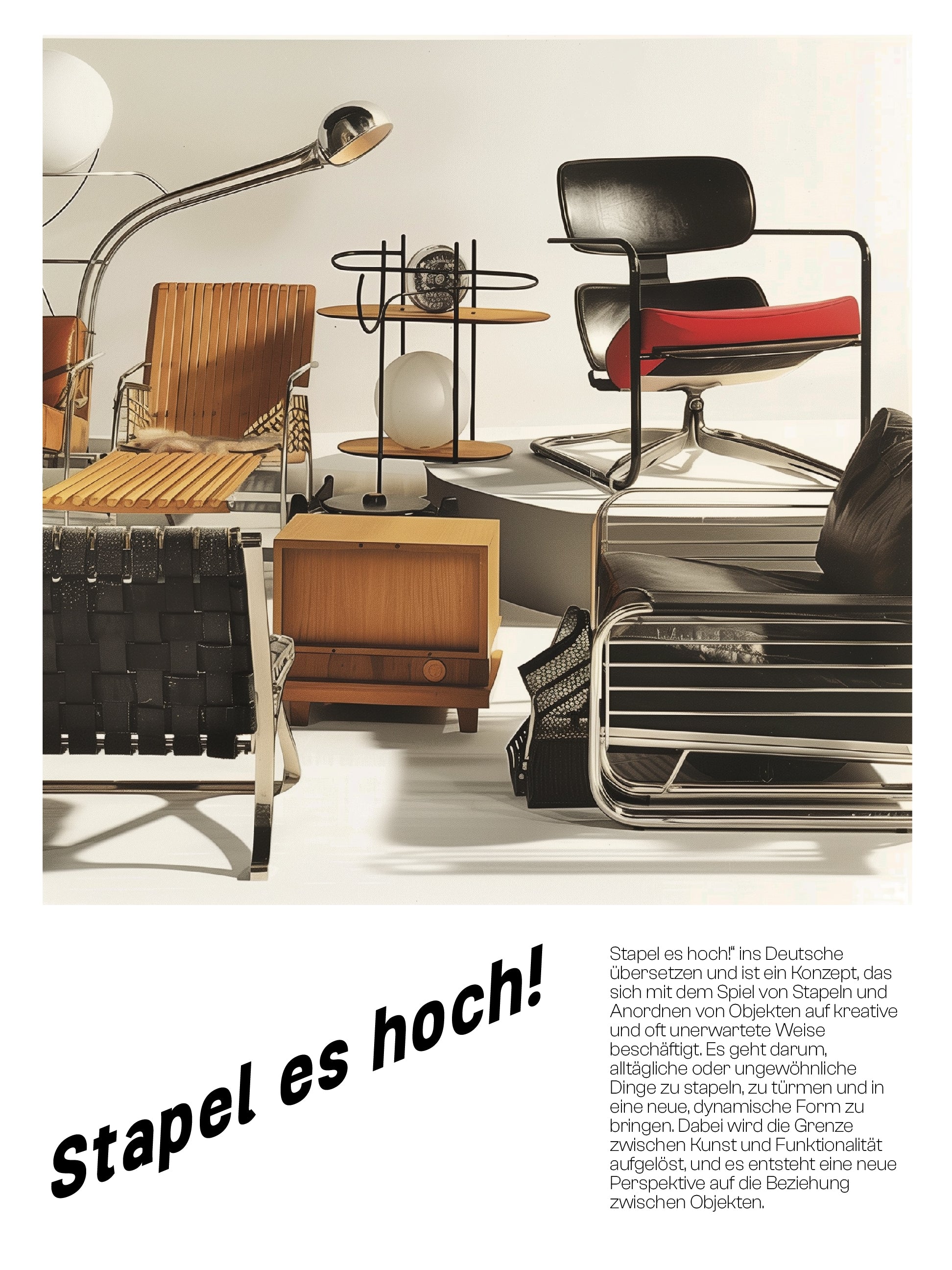 Stapel es hoch! Poster – Bauhaus-Inspired Composition of Stacked Modern Objects Print