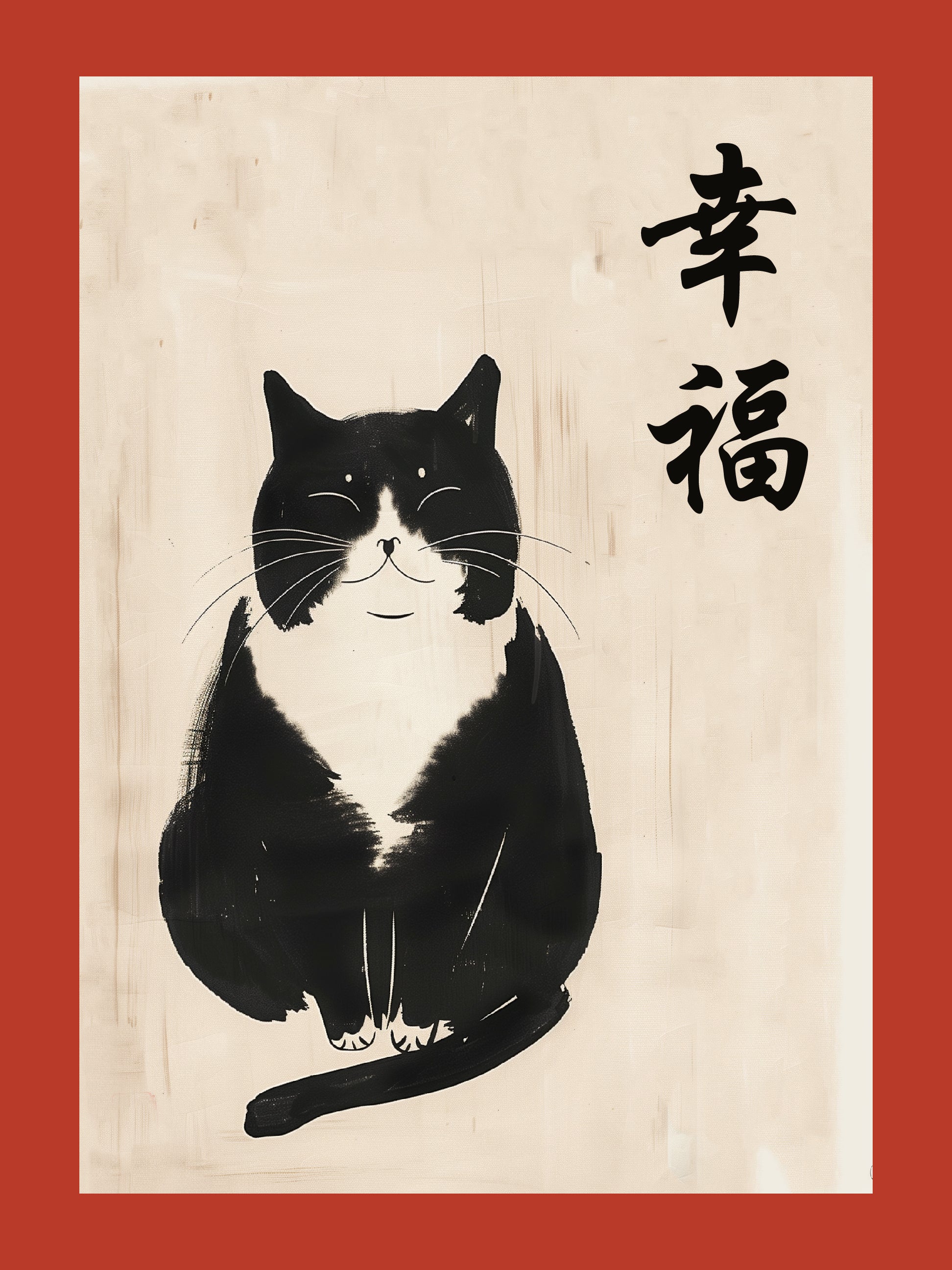 Zen Cat Happiness Wall Art – Minimalist Japanese Brush Style Ink Print
