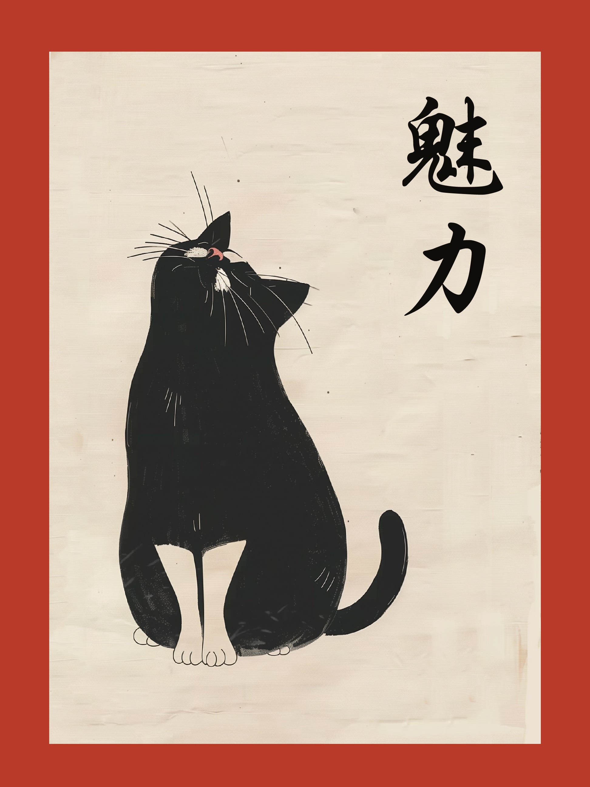 Zen Cat Charm Wall Art – Japanese Ink Style Tuxedo Cat Print with Kanji