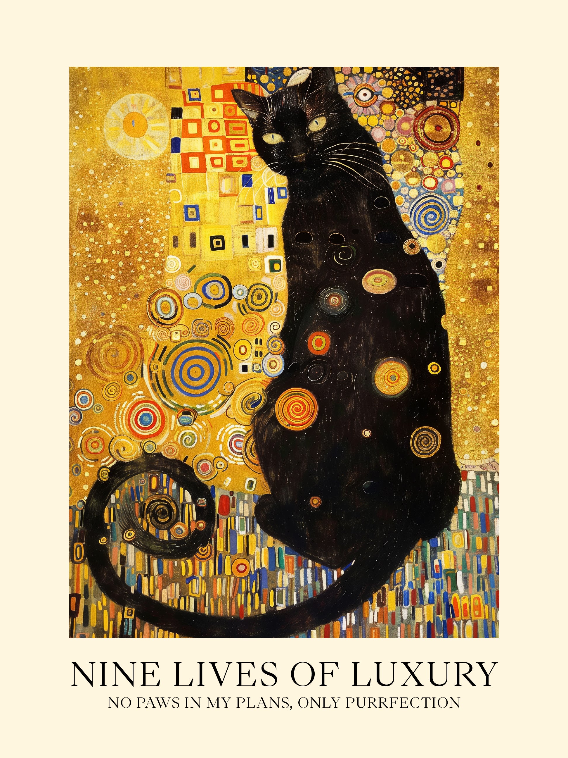 Nine Lives of Luxury Cat Poster – Klimt-Inspired Black Cat Wall Art – Ornate Gold Feline Print