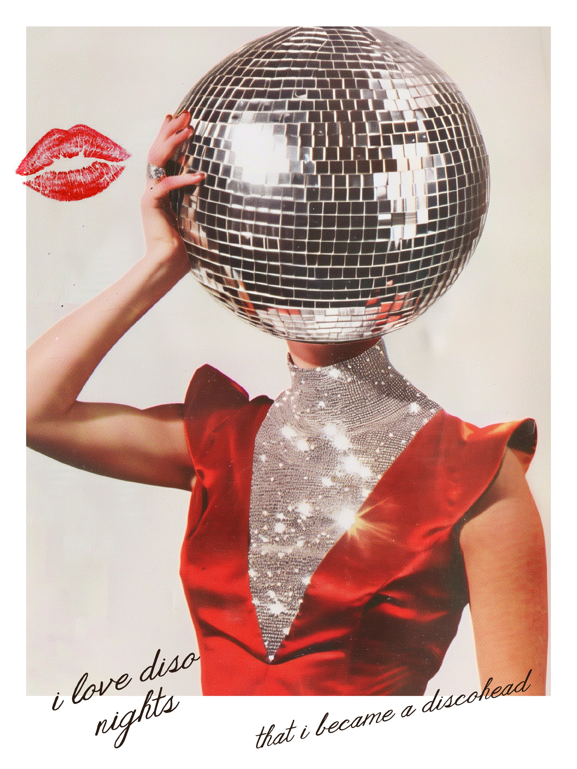 I Love Disco Nights – Bold Retro Glamour Wall Art Poster – Mirrorball Head Concept Photography Print