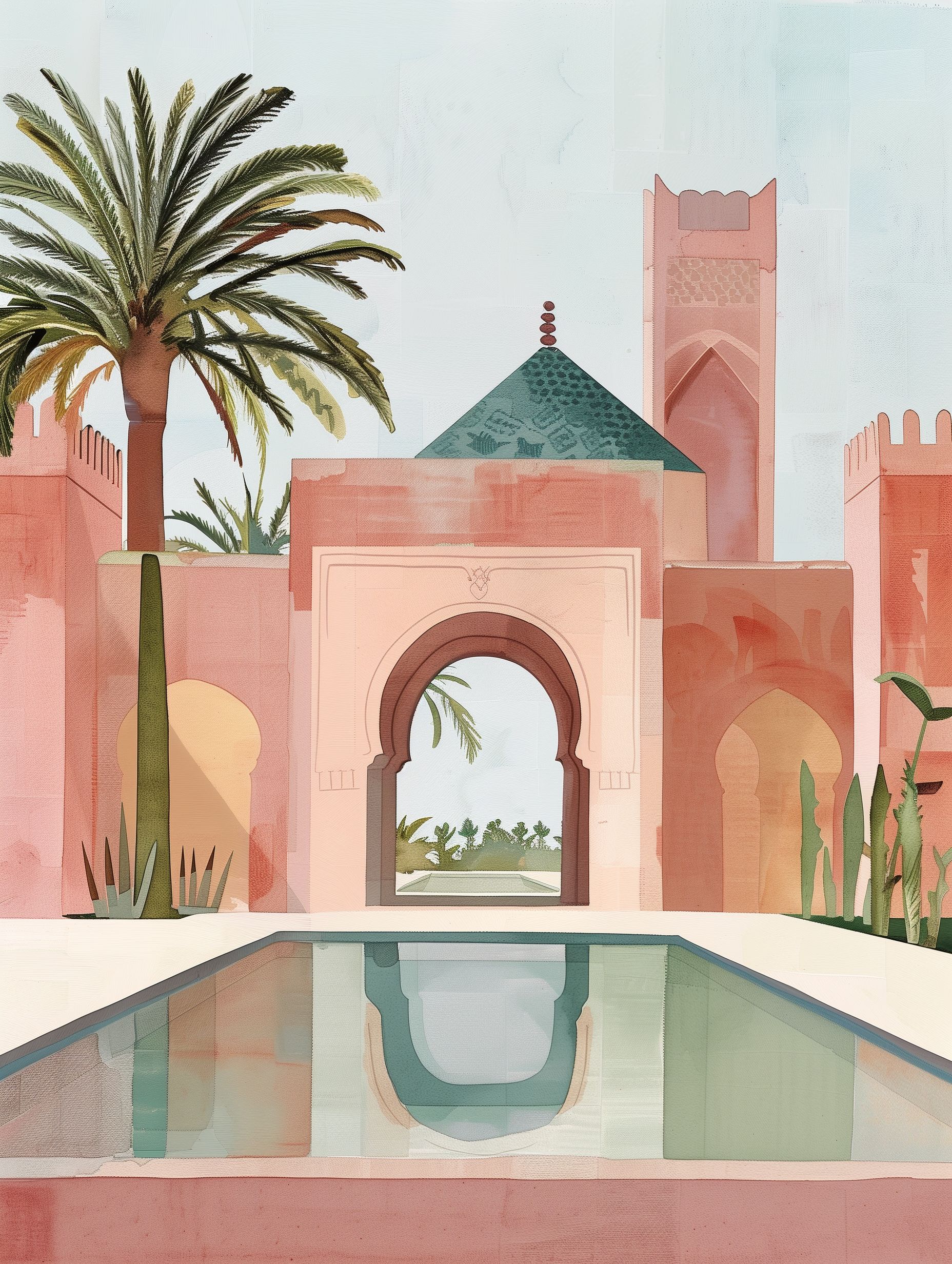 Pink Moroccan Arch Pool Courtyard Art Print