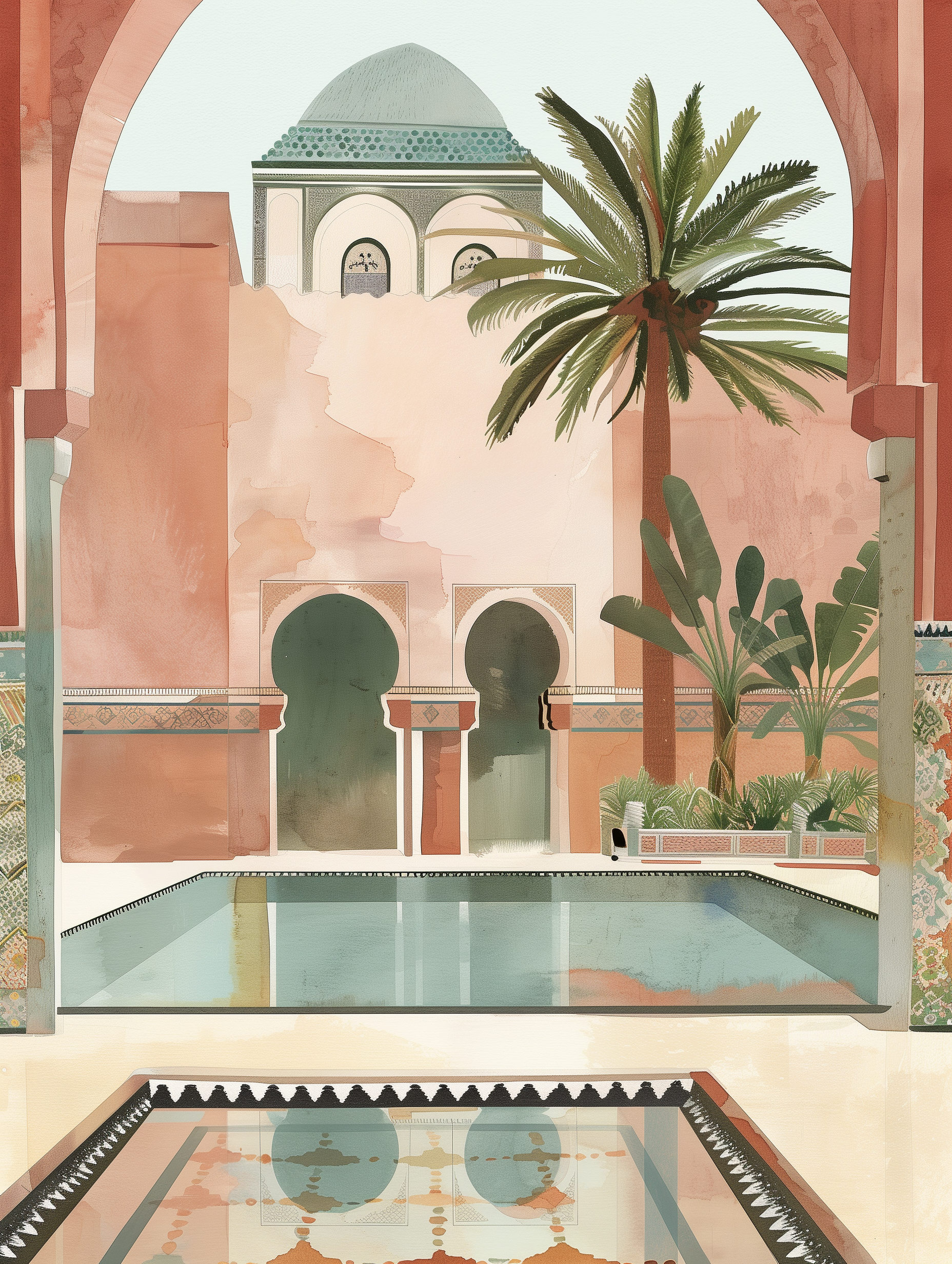 Terracotta Moroccan Courtyard Archway Pool Print