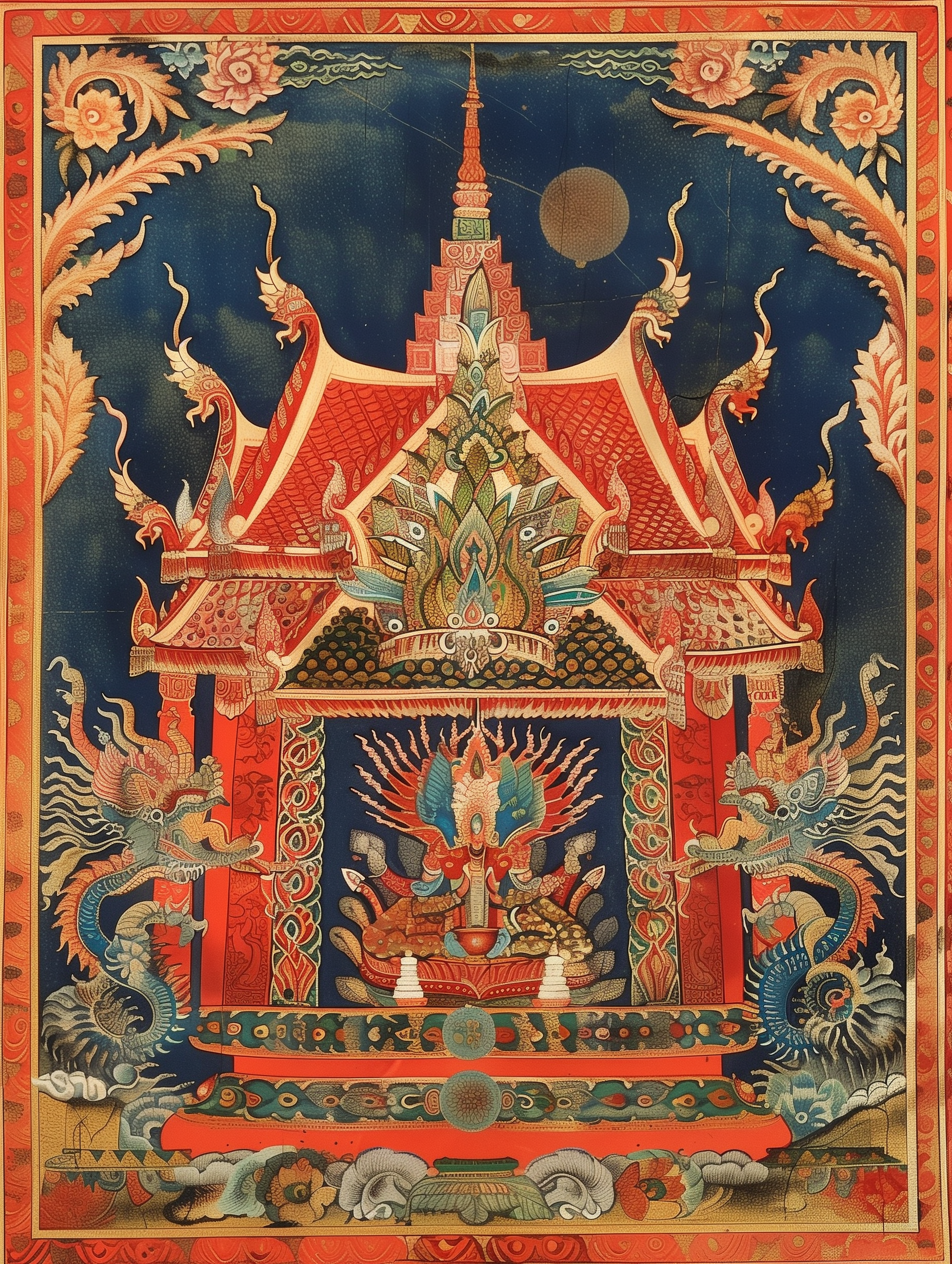 Ornate Thai Temple Deity Red Gold Print