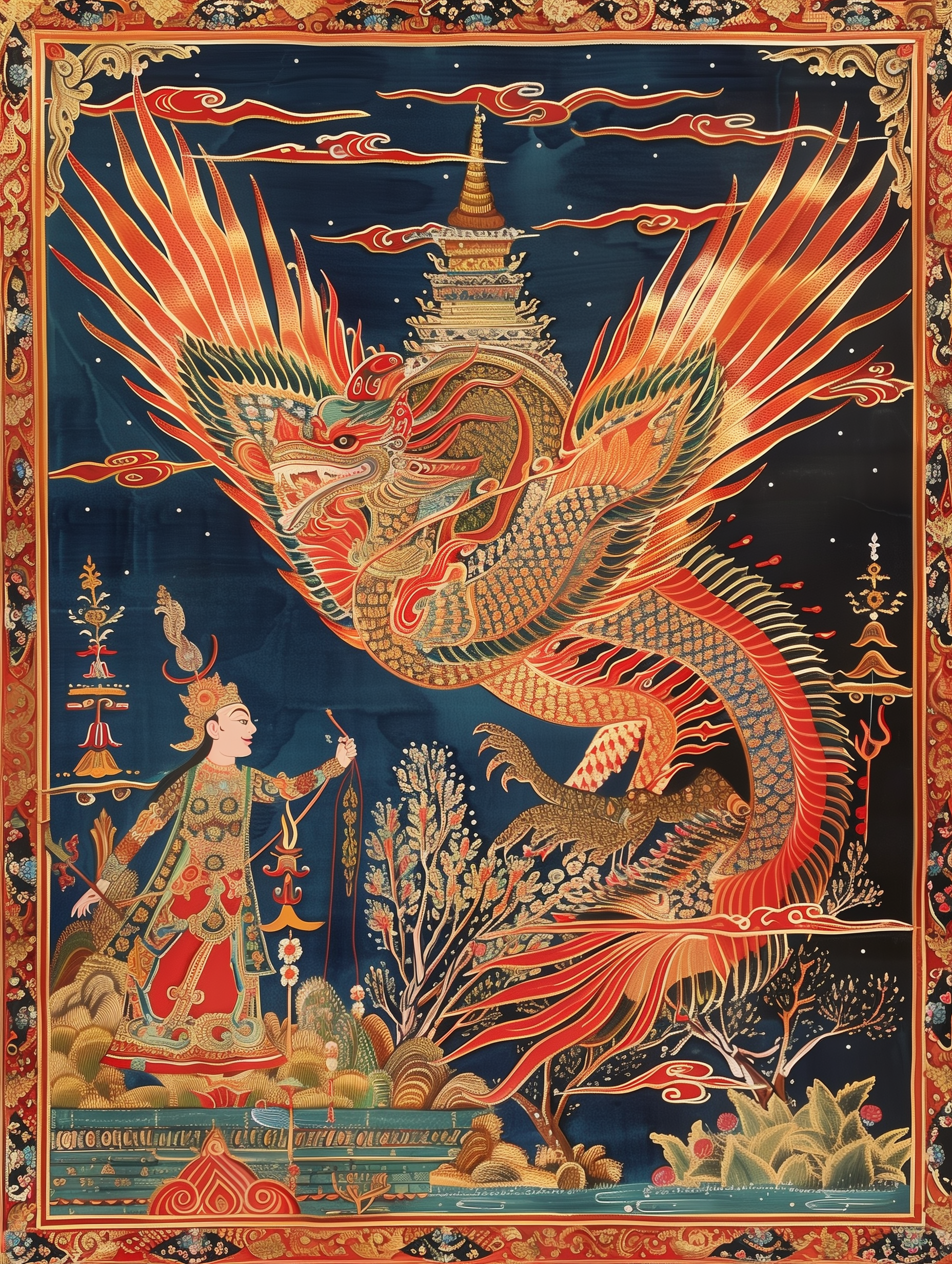 Majestic Thai Dragon Deity Night Sky Print