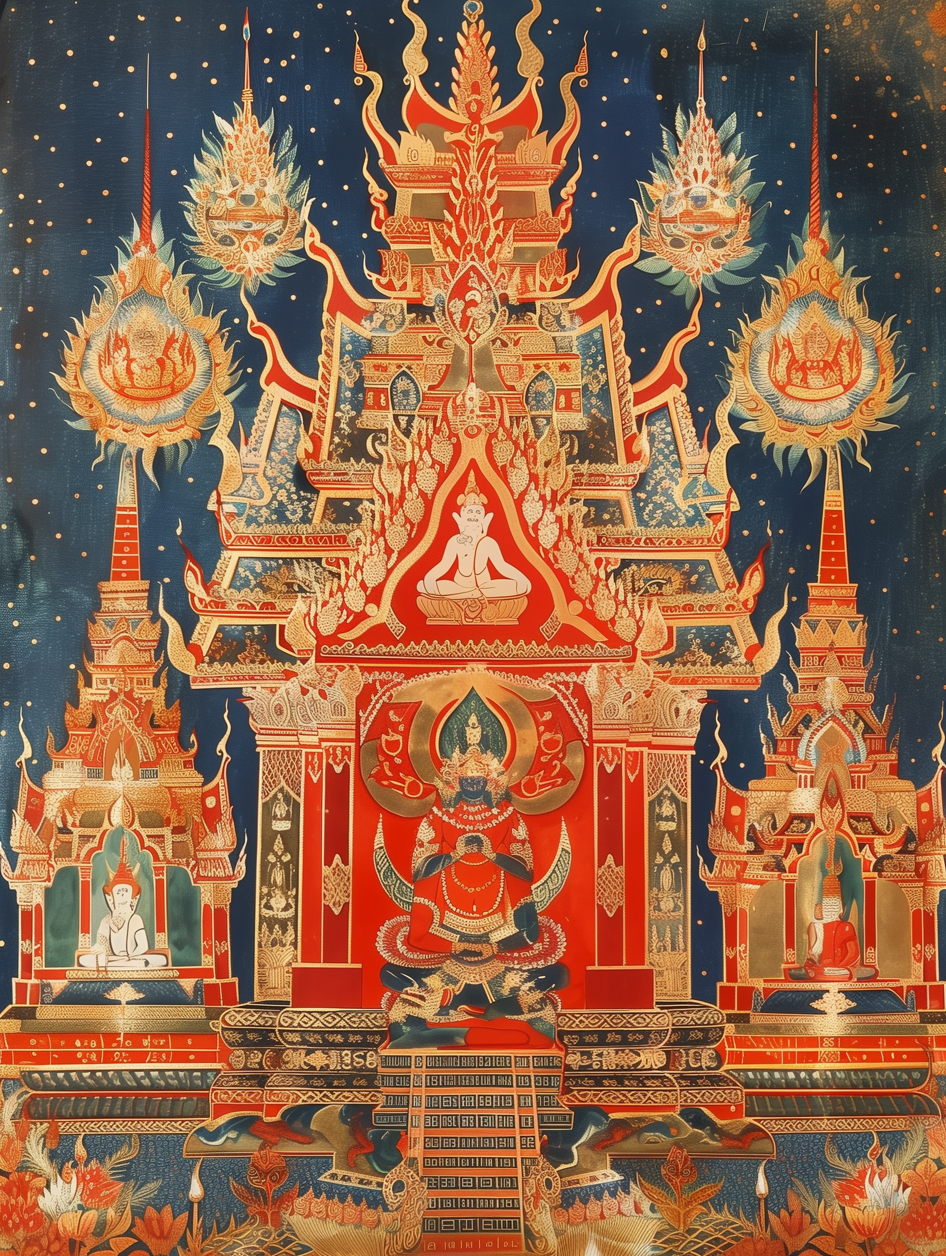 Thai Temple Deities Vibrant Gold Red Art Print