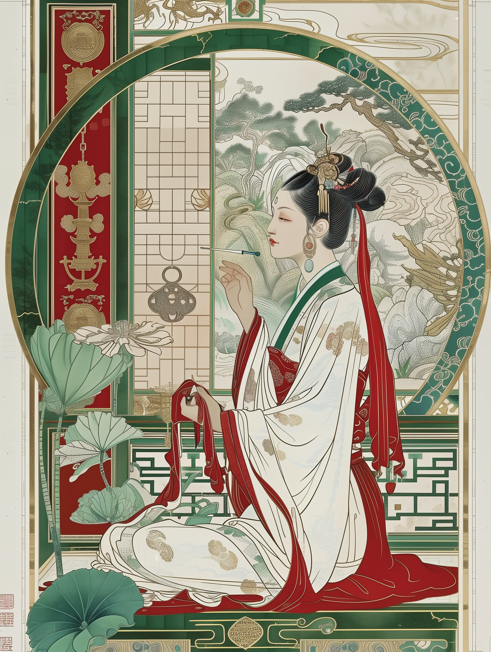 Elegant Asian Art Deco Woman Lotus Garden Print