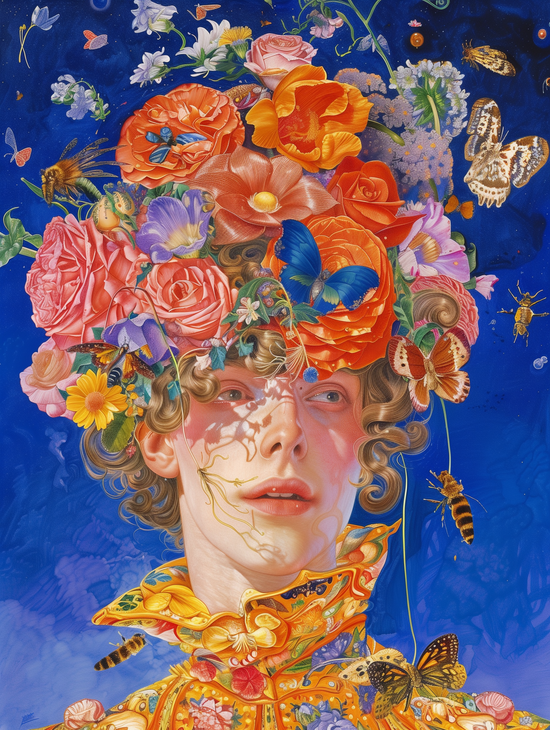Vibrant Floral Headpiece Surreal Portrait Art Print