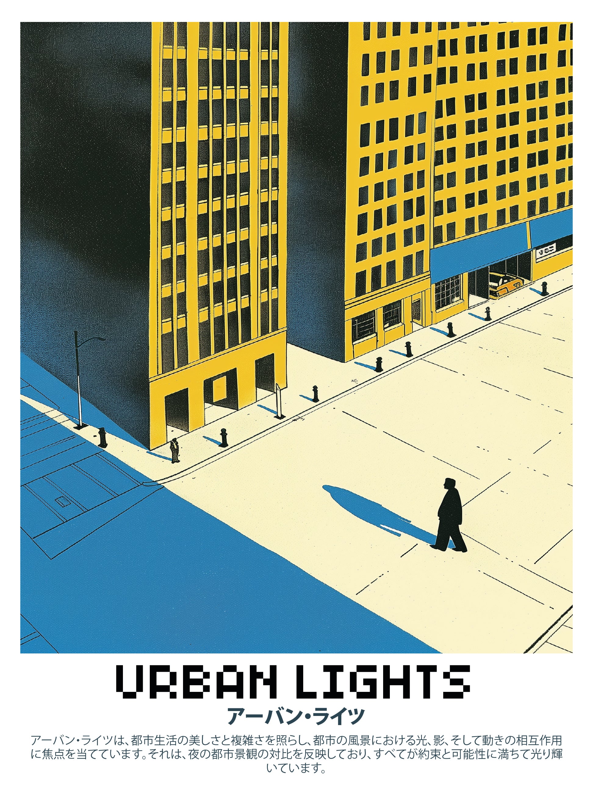Urban Lights Cityscape Poster – Minimalist Yellow Tower Art Print