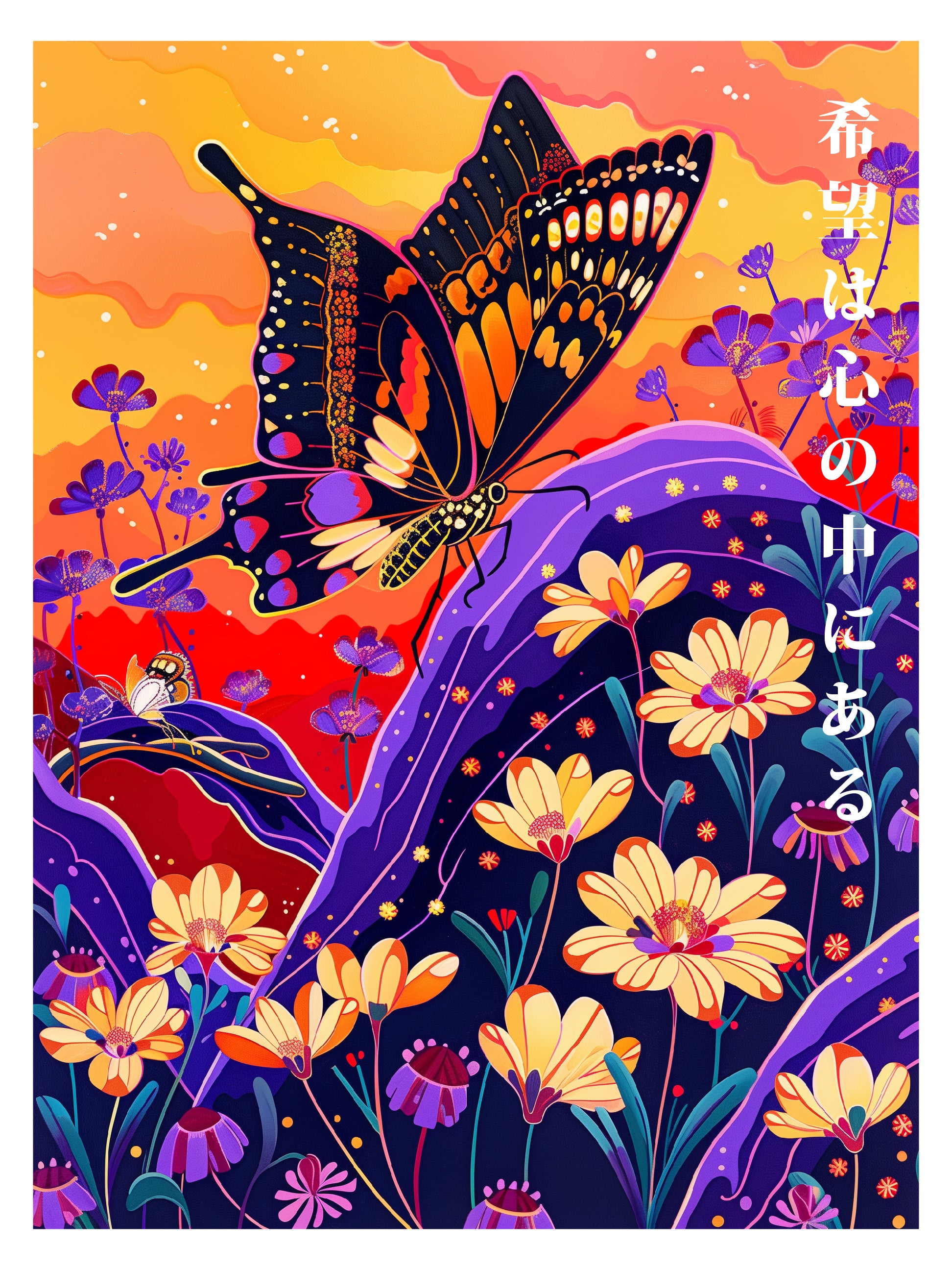Hopeful Flight Wall Art – Japanese Butterfly and Floral Landscape Poster Print
