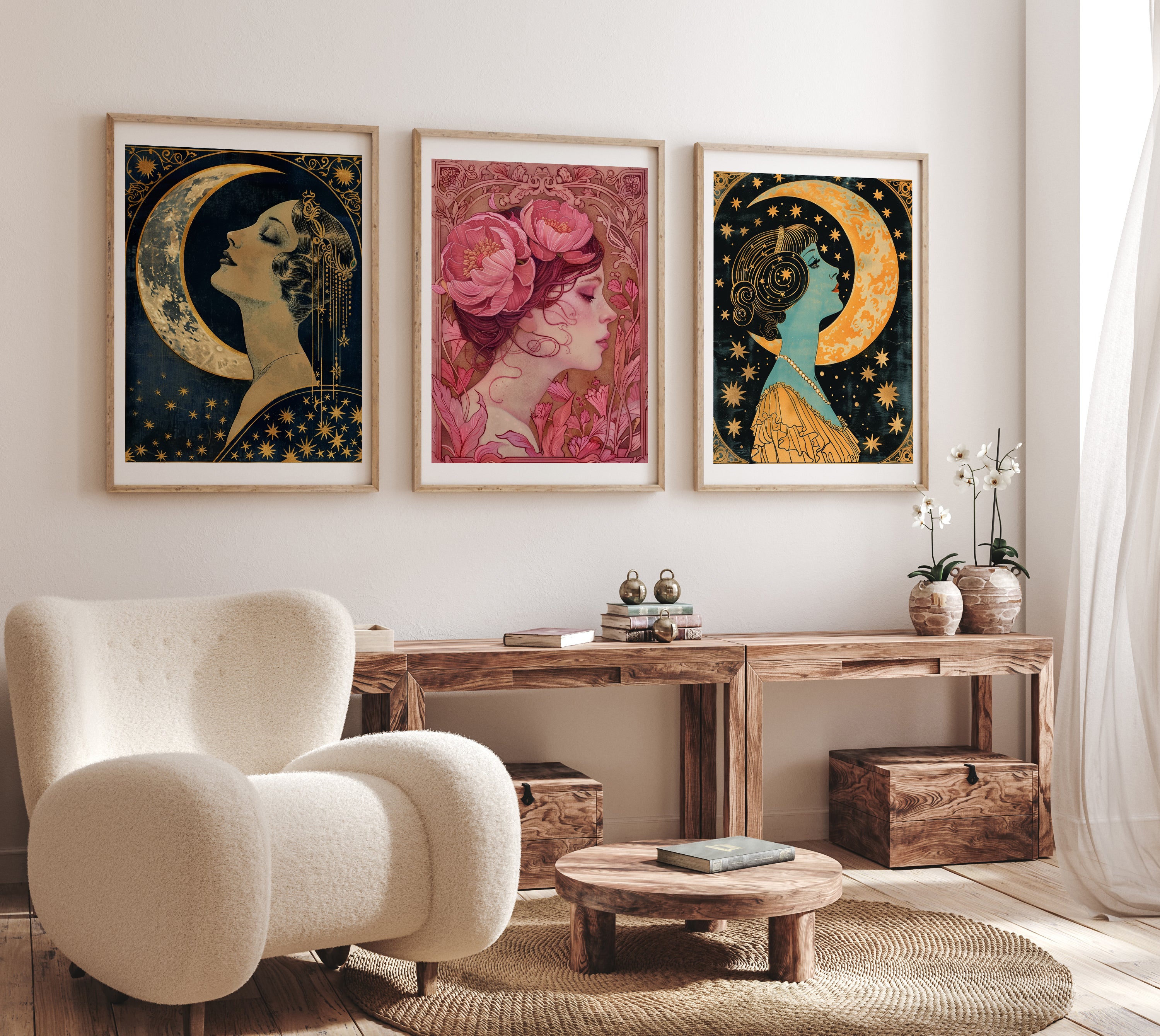 Art Nouveau Moonlit Trio - Set of 3 Elegant Wall Art Prints