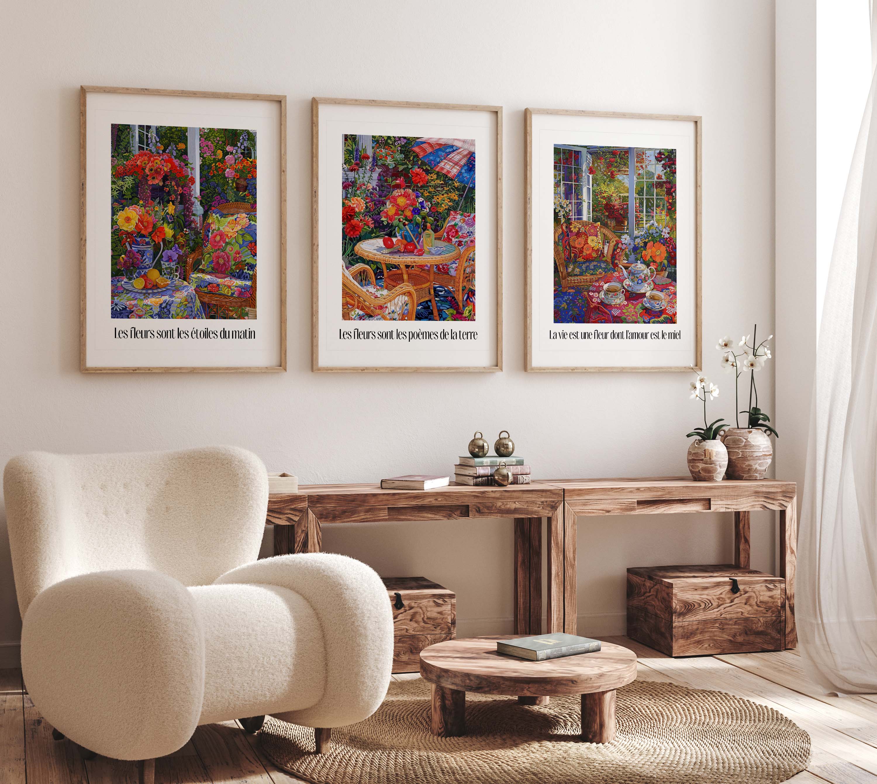 Morning Blooms French Floral Garden Art Print Set of 3