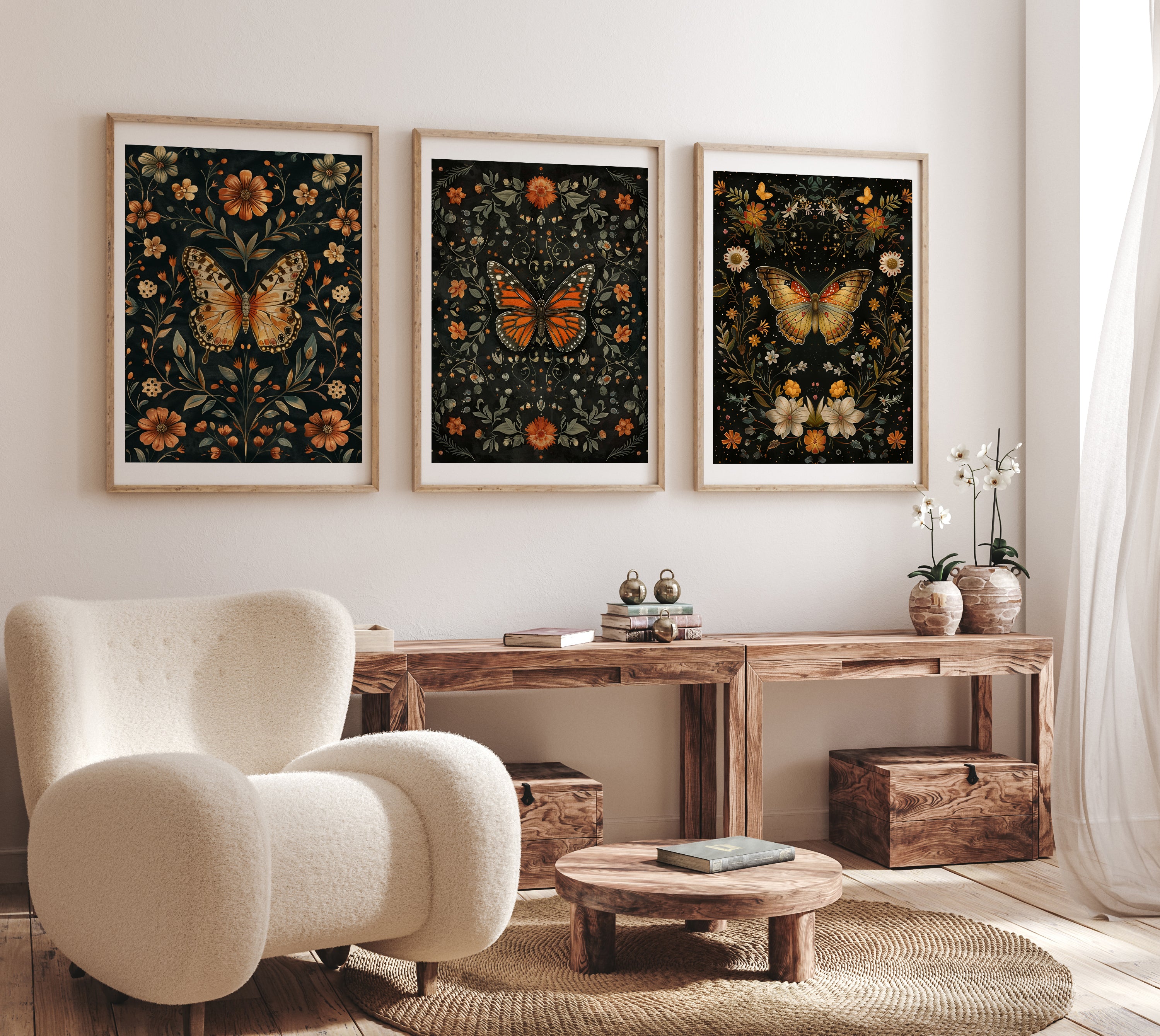 Enchanted Butterfly Botanical Posters - Set of 3 Nature-Inspired Wall Art Prints