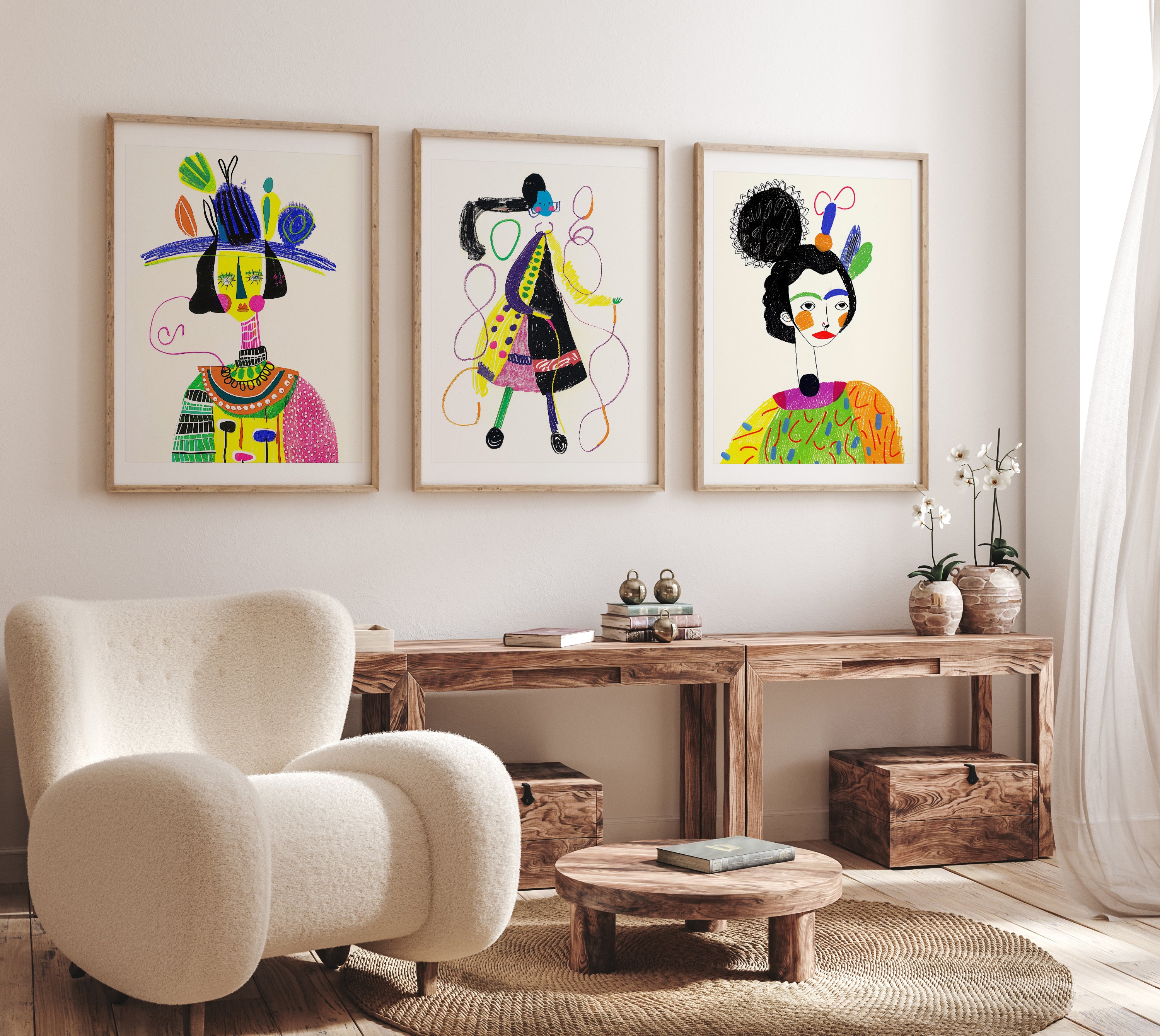 Abstract Colorful Fashion Portraits Art Set of 3 Print