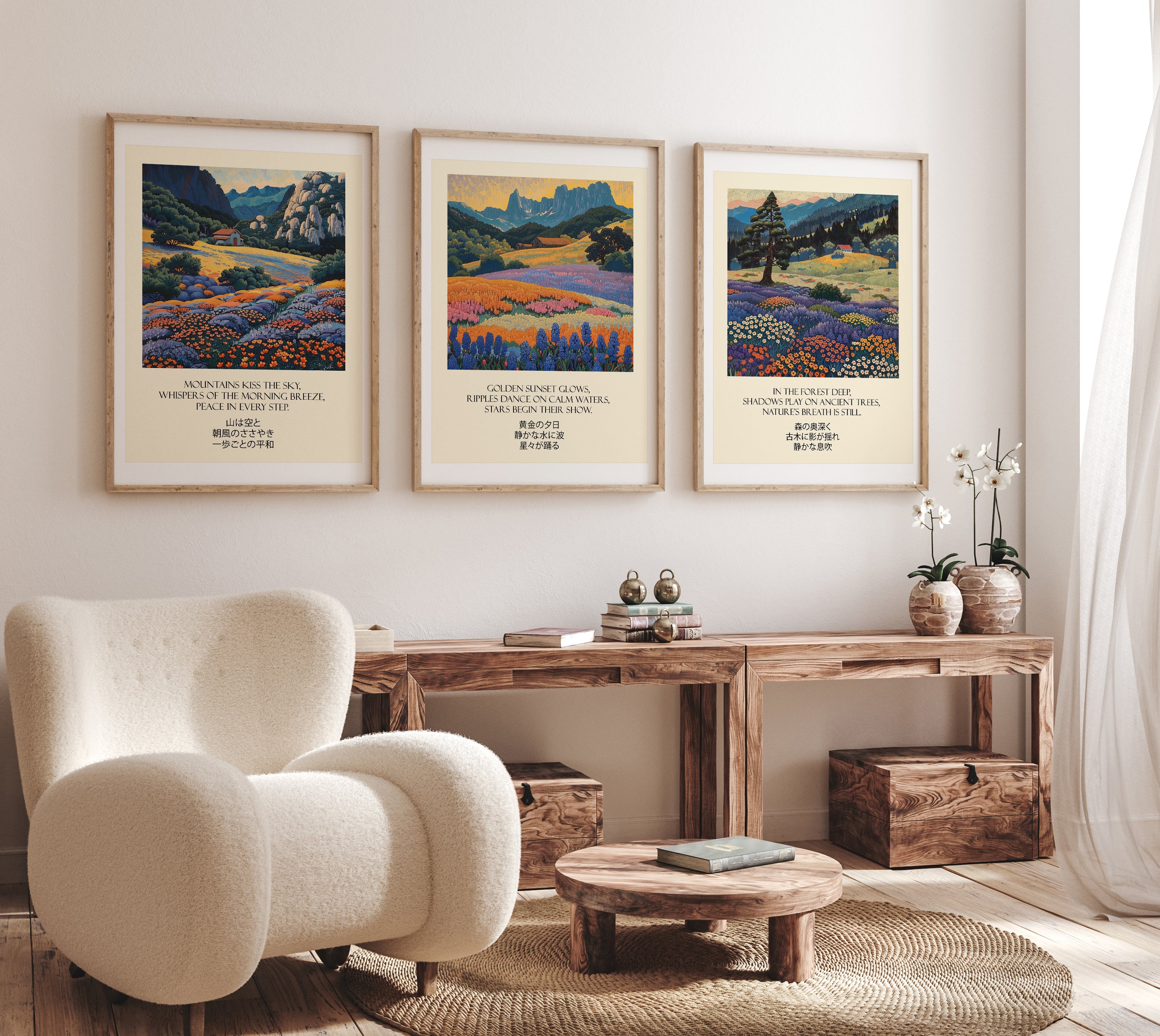Golden Sunset Mountain Landscape Set of 3 Print