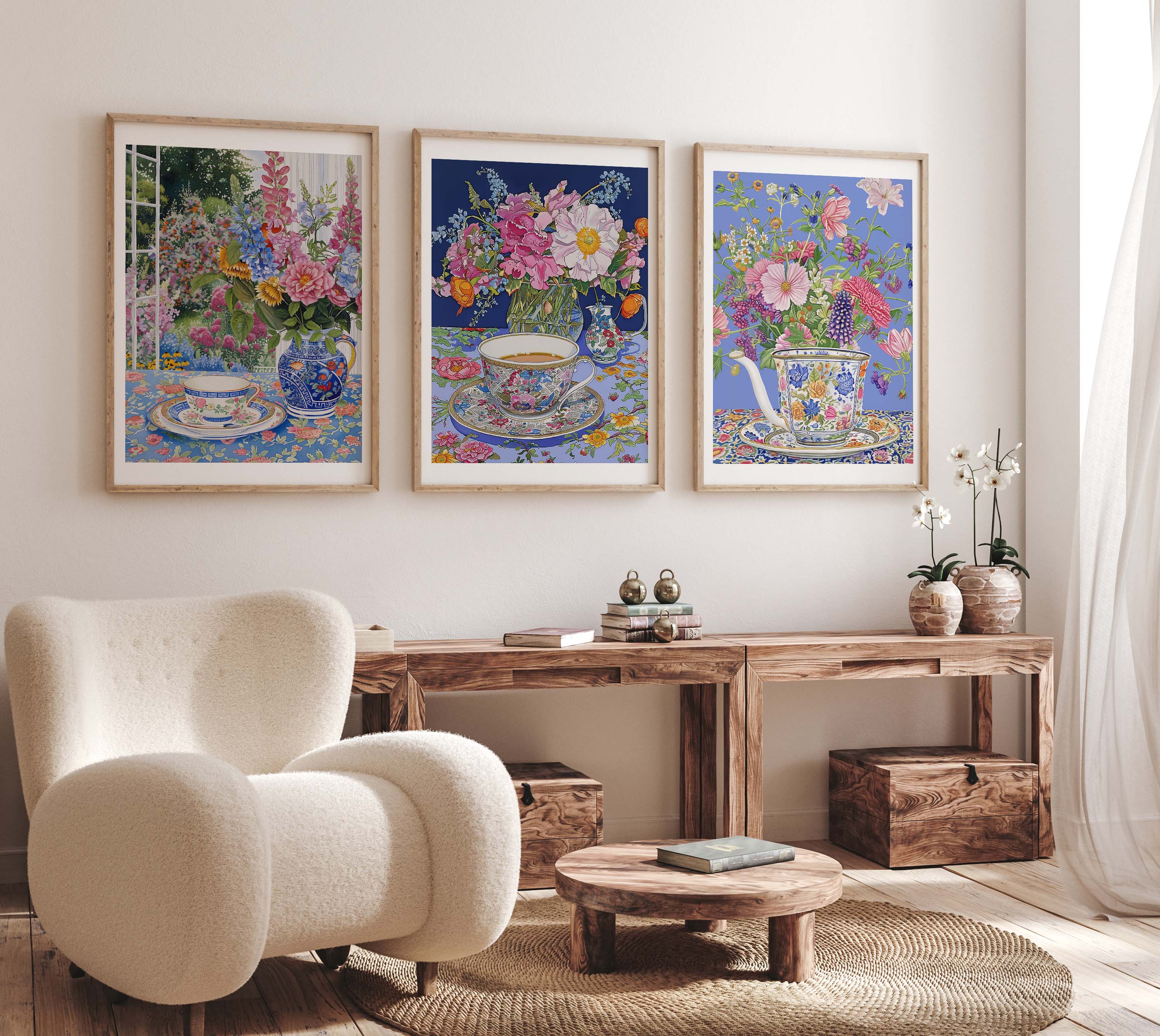 Classic Floral Teacup Garden Print Set of 3