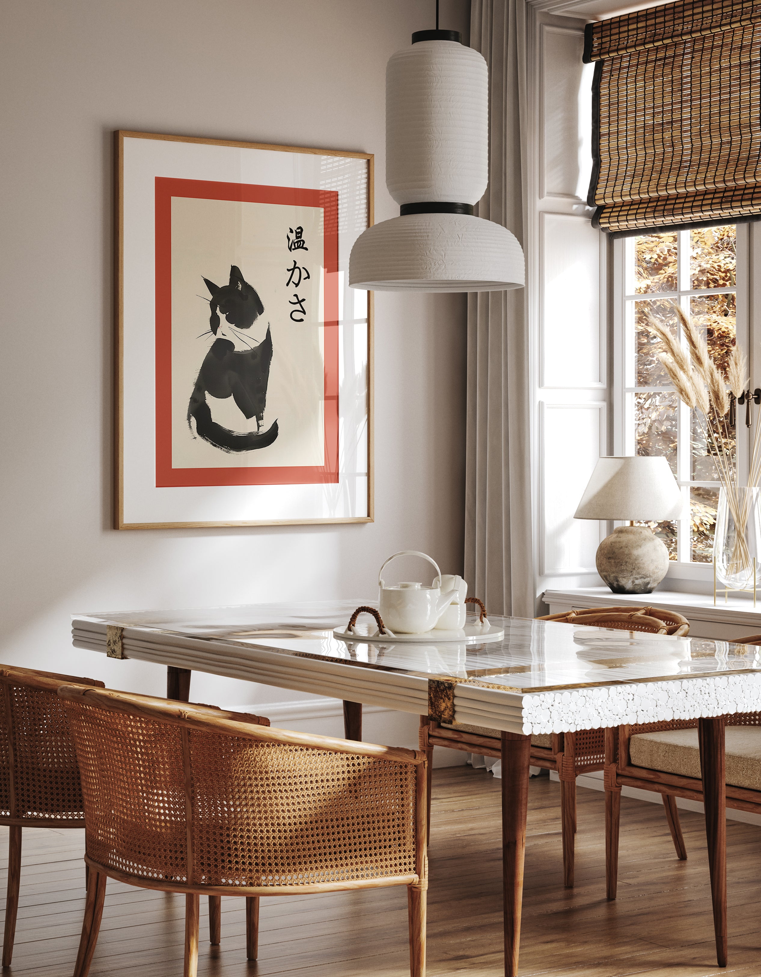 Zen Cat Warmth Wall Art – Japanese Brush Ink Tuxedo Cat Poster with Kanji