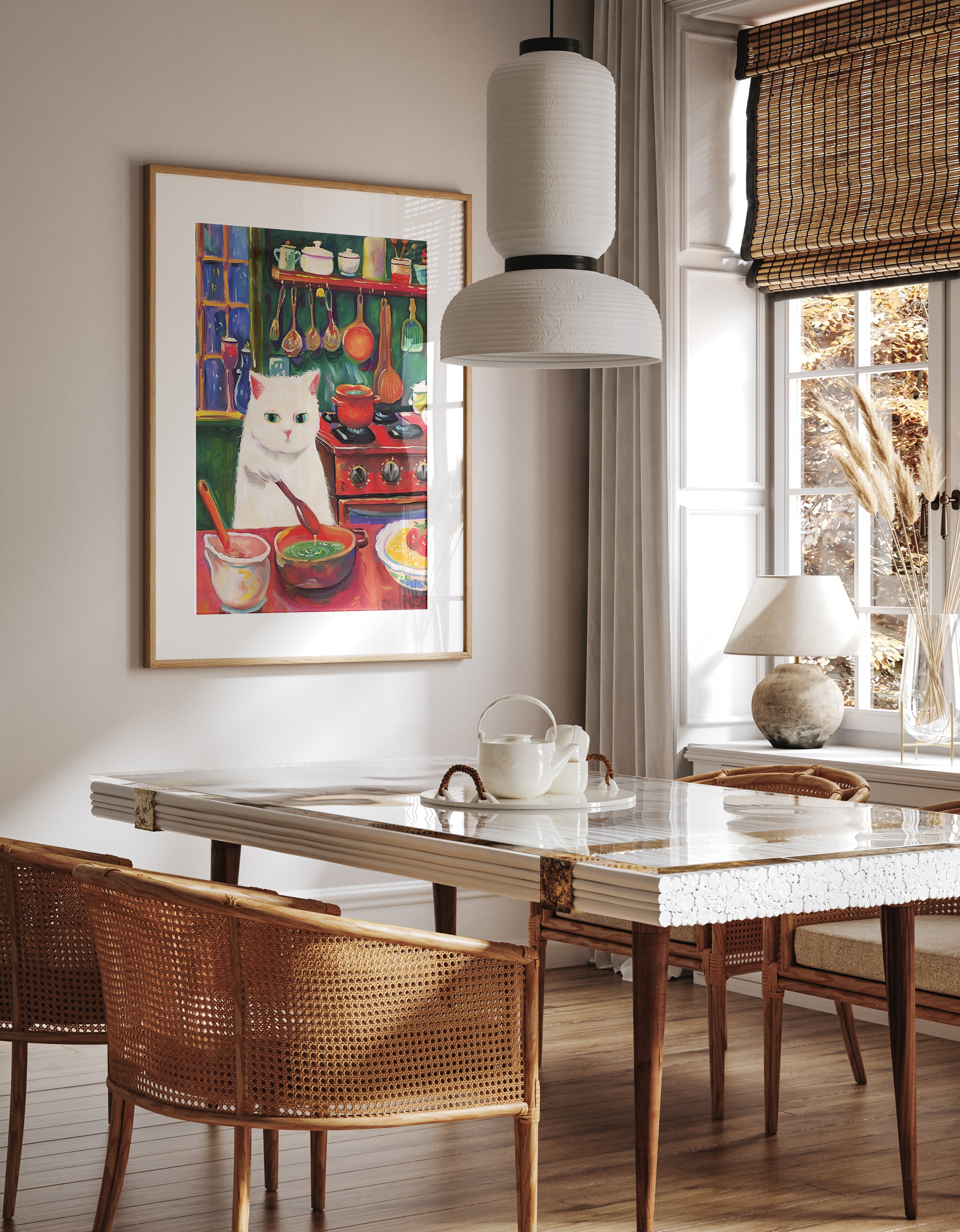 White Cat Cozy Kitchen Art Print