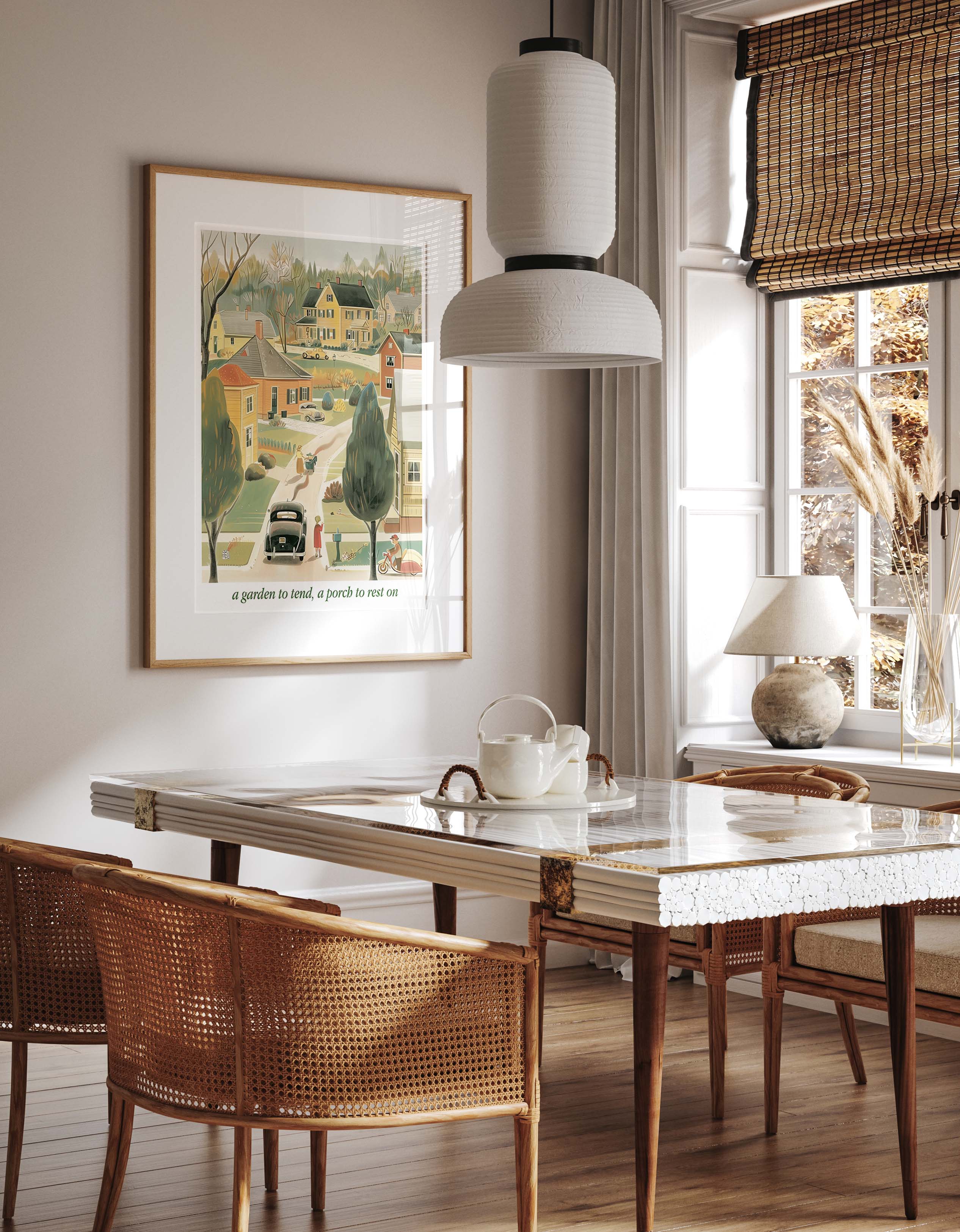 Retro Suburban Neighborhood Autumn Scene Art Print