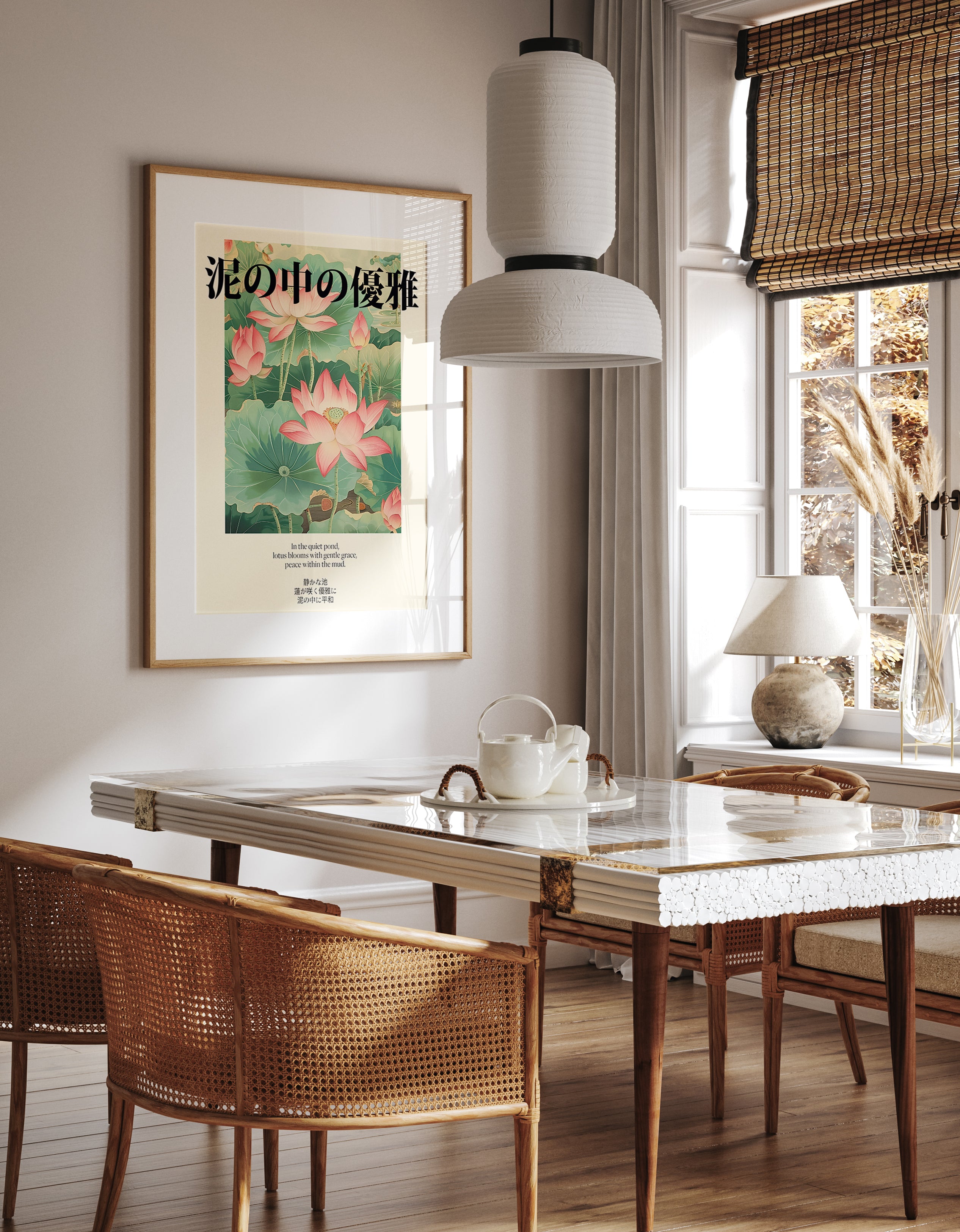 Lotus Flowers in Pond Poster - Japanese Zen Botanical Art Print