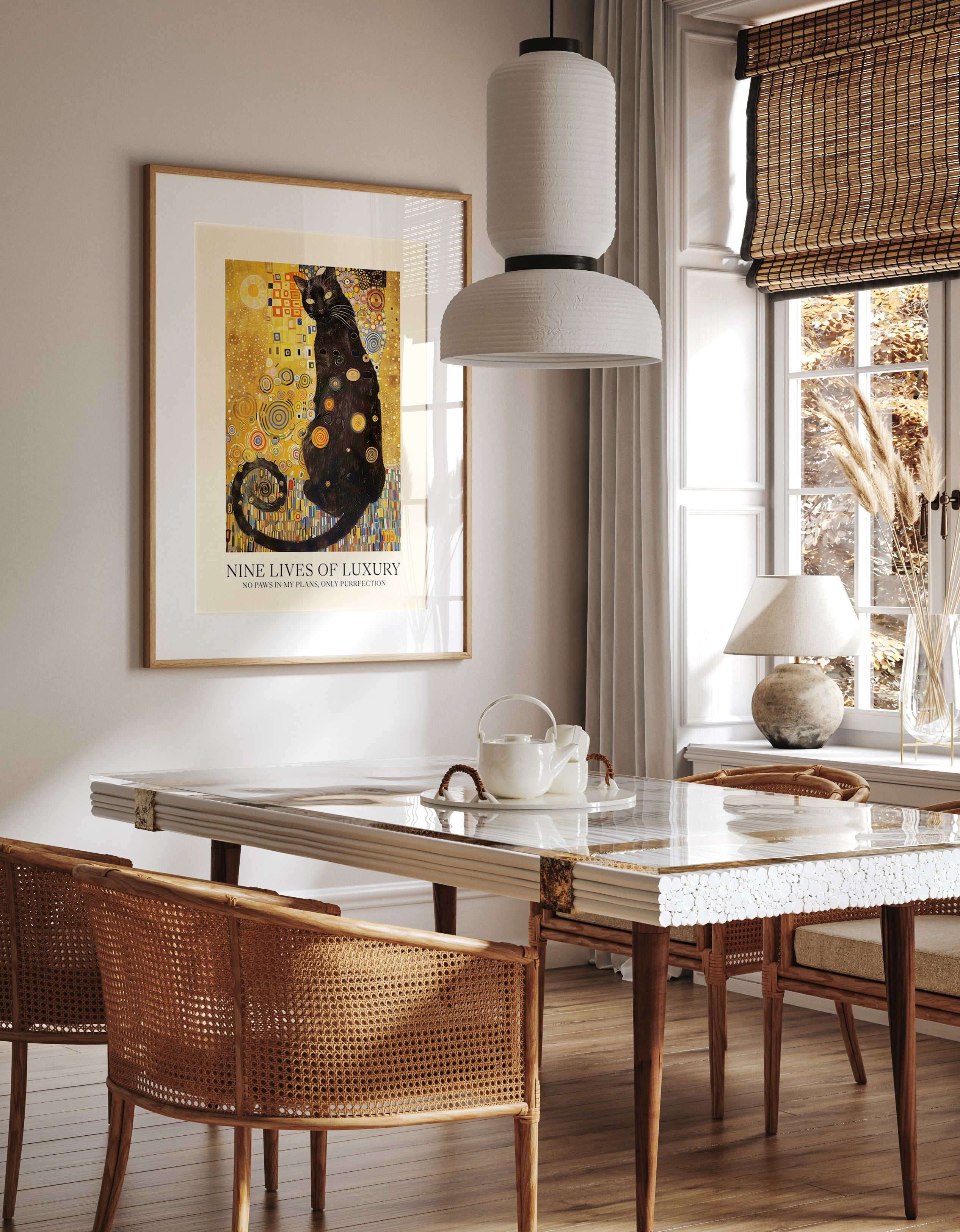 Nine Lives of Luxury Cat Poster – Klimt-Inspired Black Cat Wall Art – Ornate Gold Feline Print