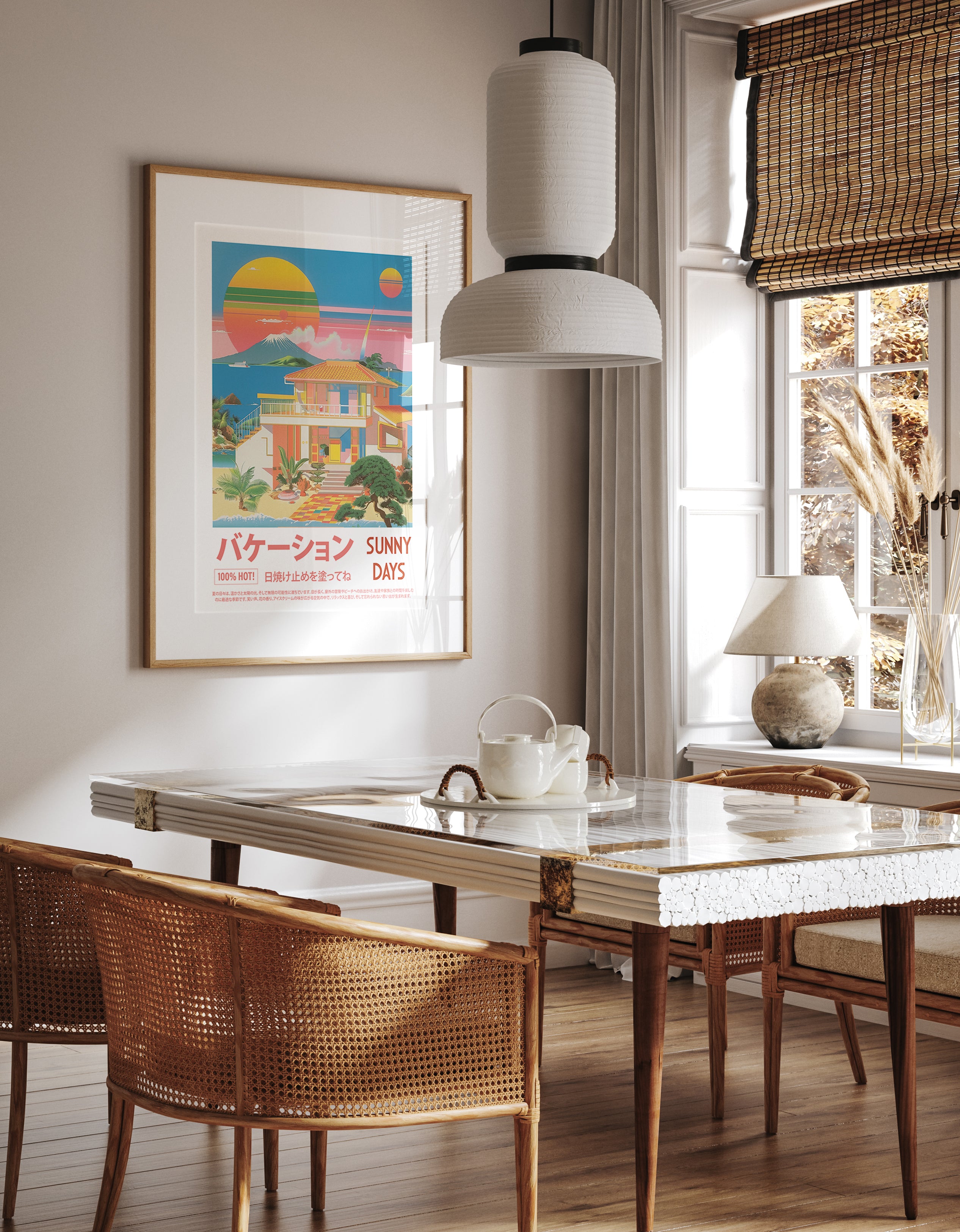 Vibrant Beach House and Sunset Poster Print