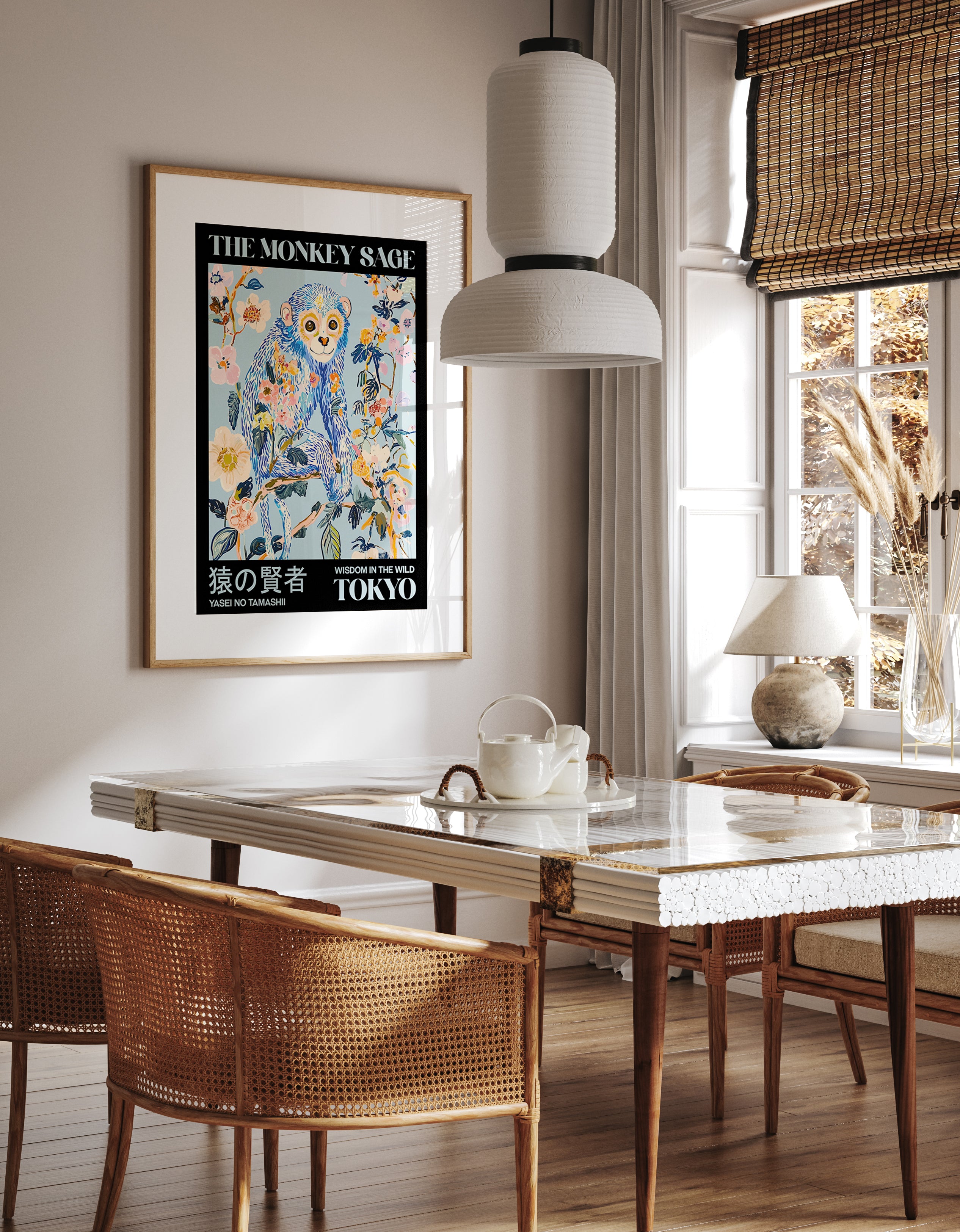 Vibrant Blue Monkey Surrounded By Blossoms Print