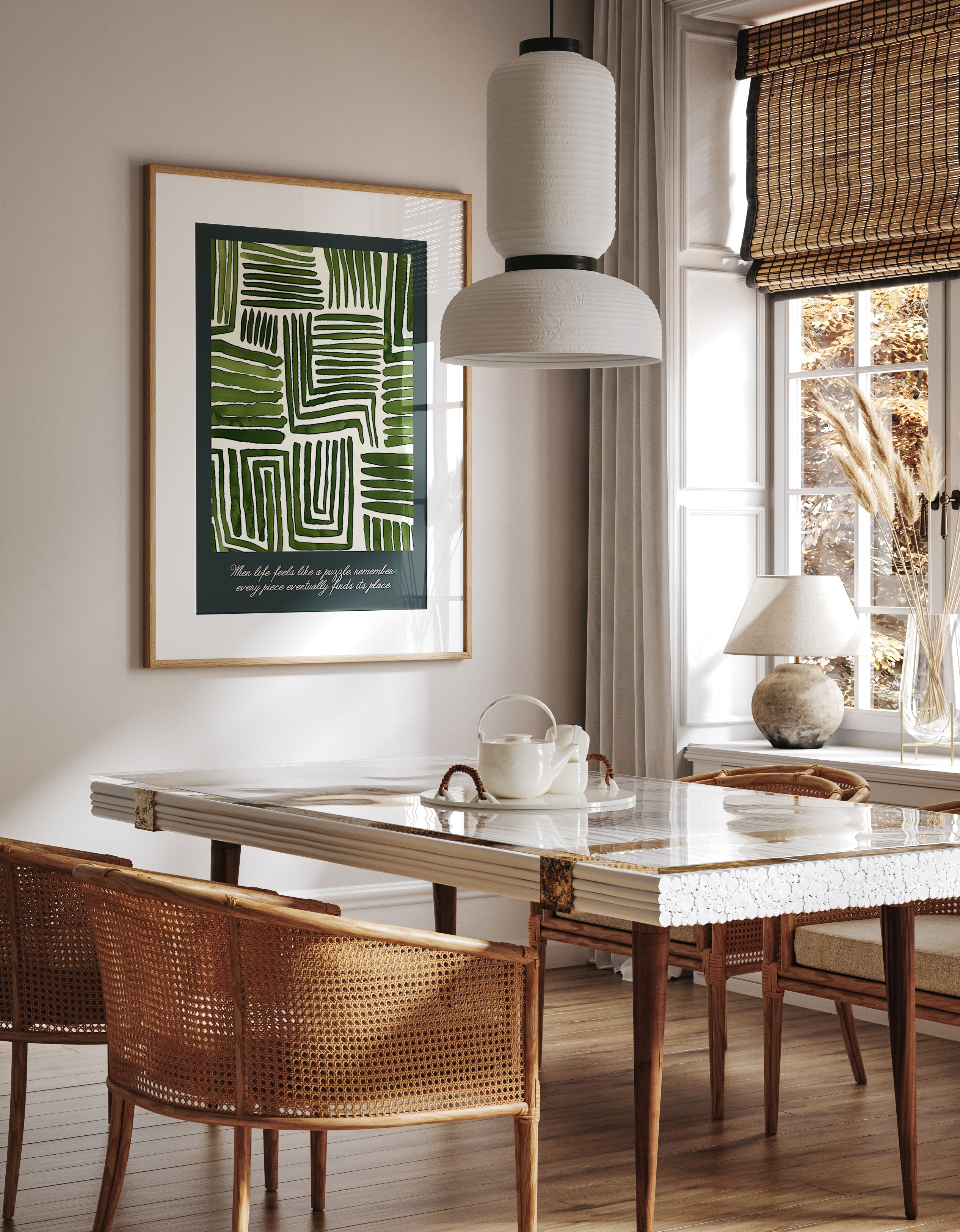Deep Green Abstract Line Grid Pattern Print