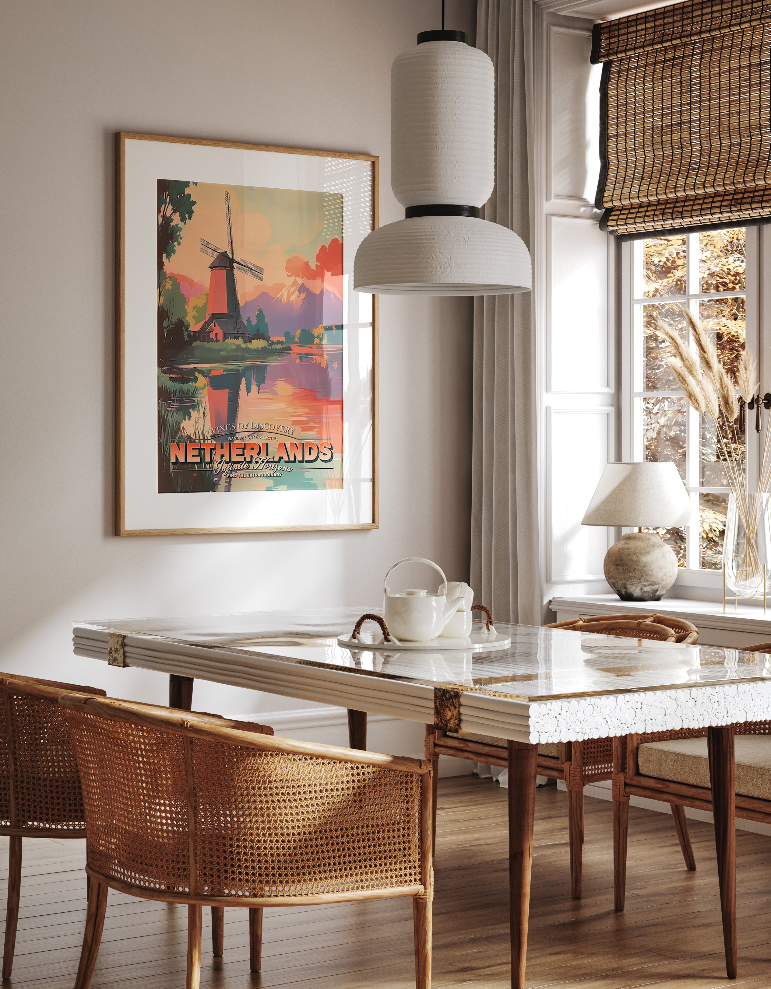 Netherlands Windmill Sunset Landscape Travel Poster Print