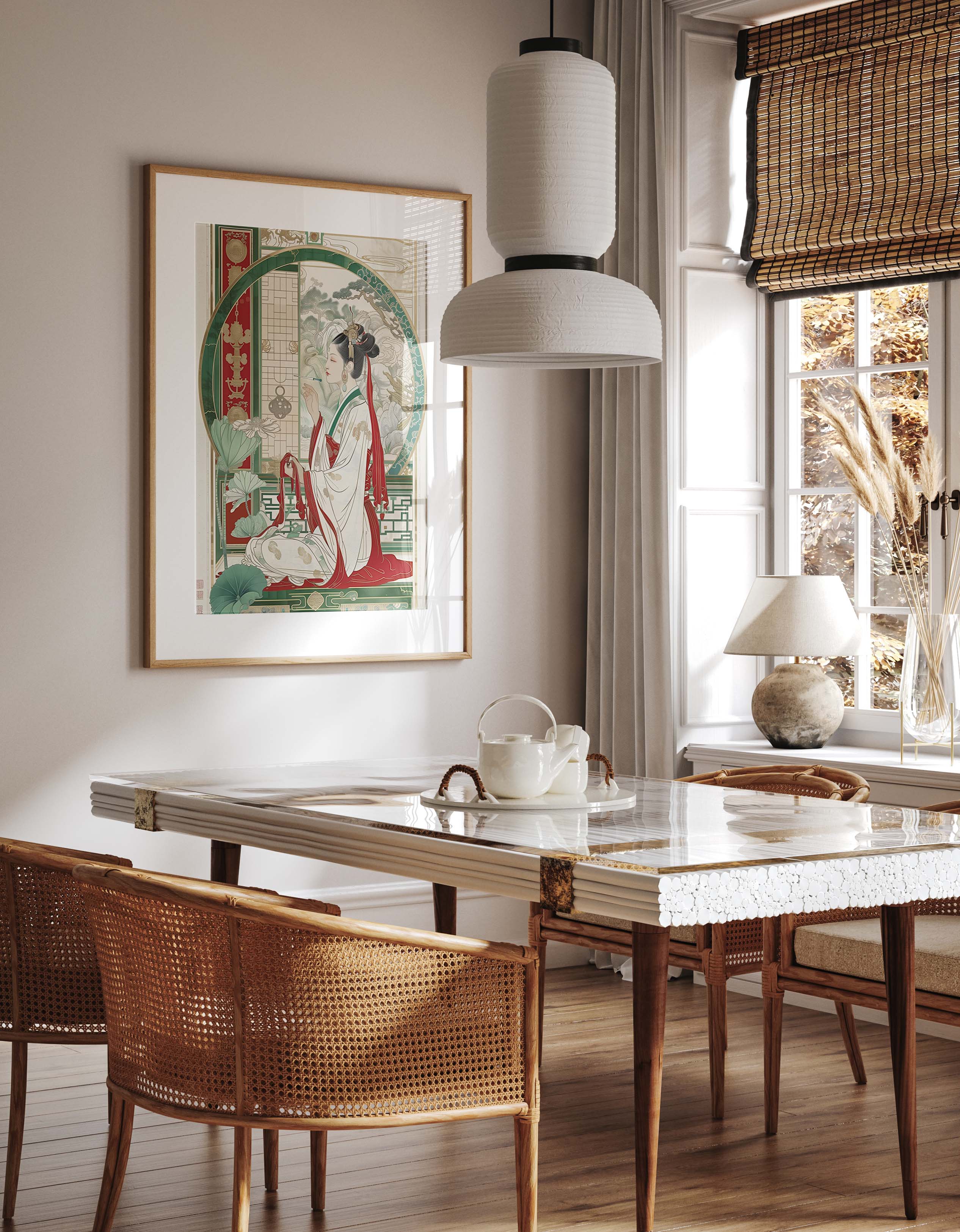 Elegant Asian Art Deco Woman Lotus Garden Print