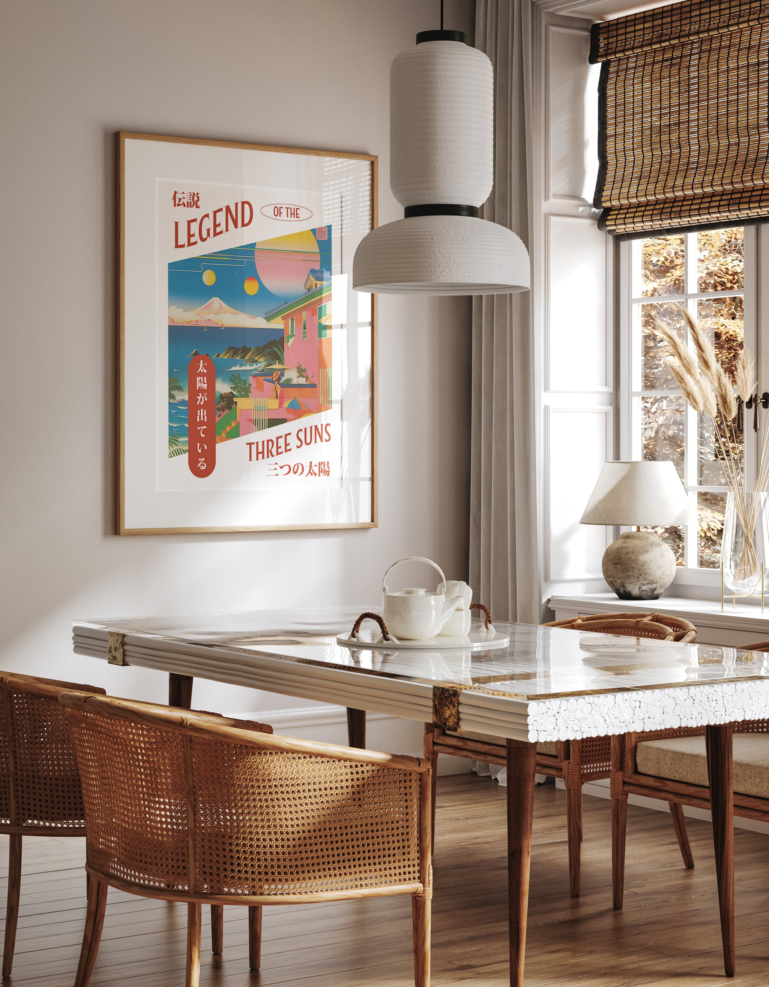 Three Suns over Japanese Coastline – Surreal Seaside Fantasy Wall Art Print