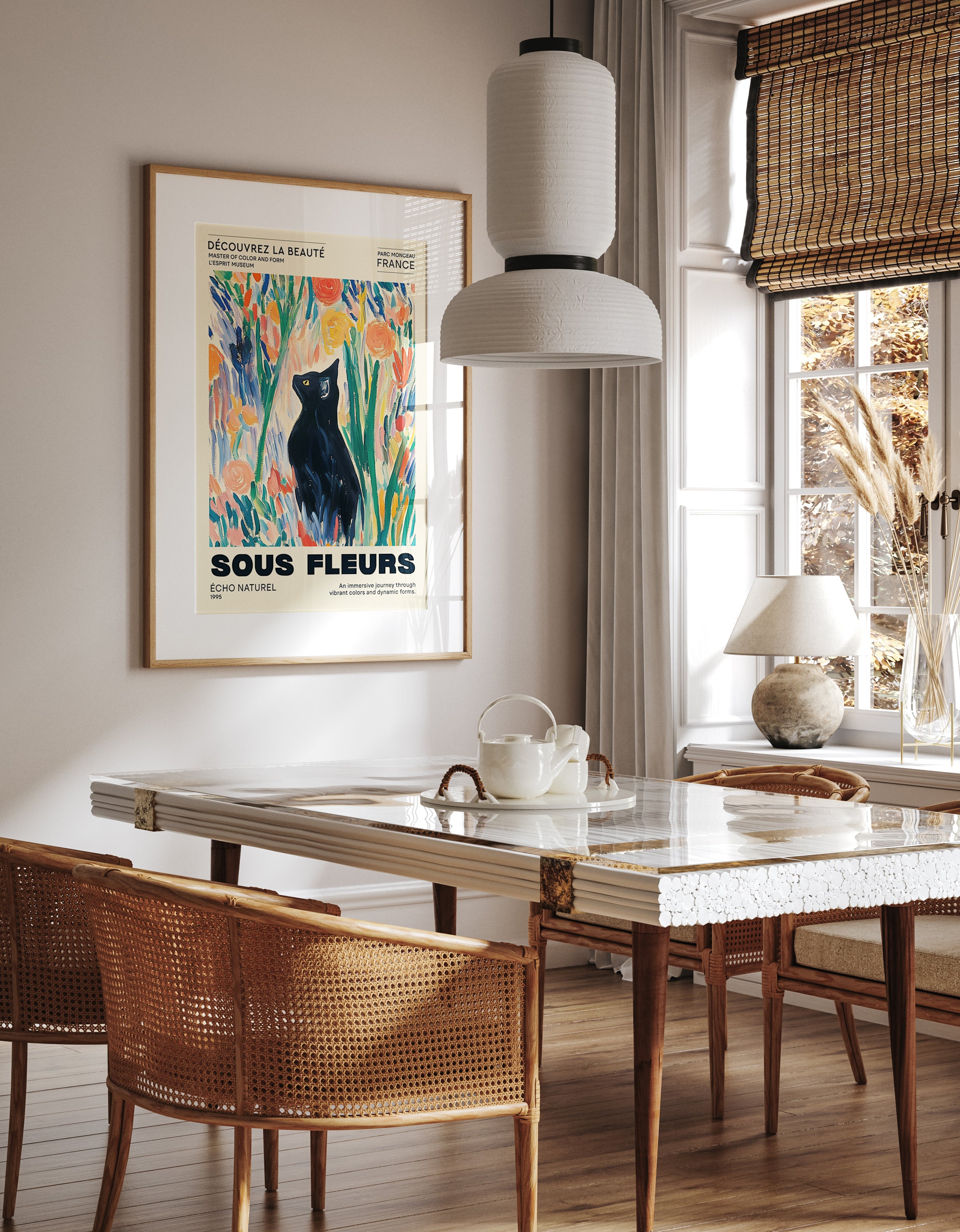 Sous Fleurs Vibrant Black Cat Art Print