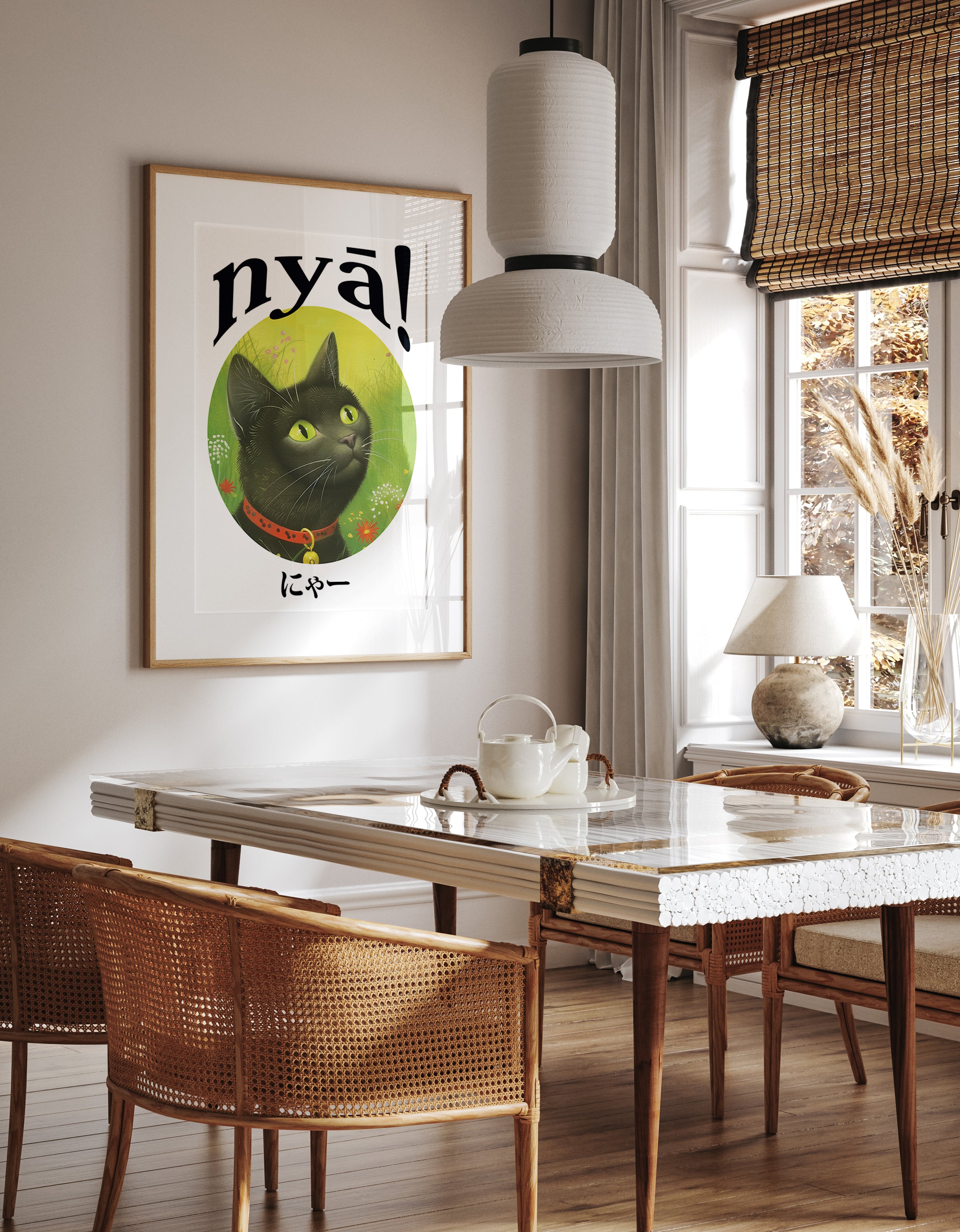 Black Cat with Bell Poster - Playful Green Field Illustration Print