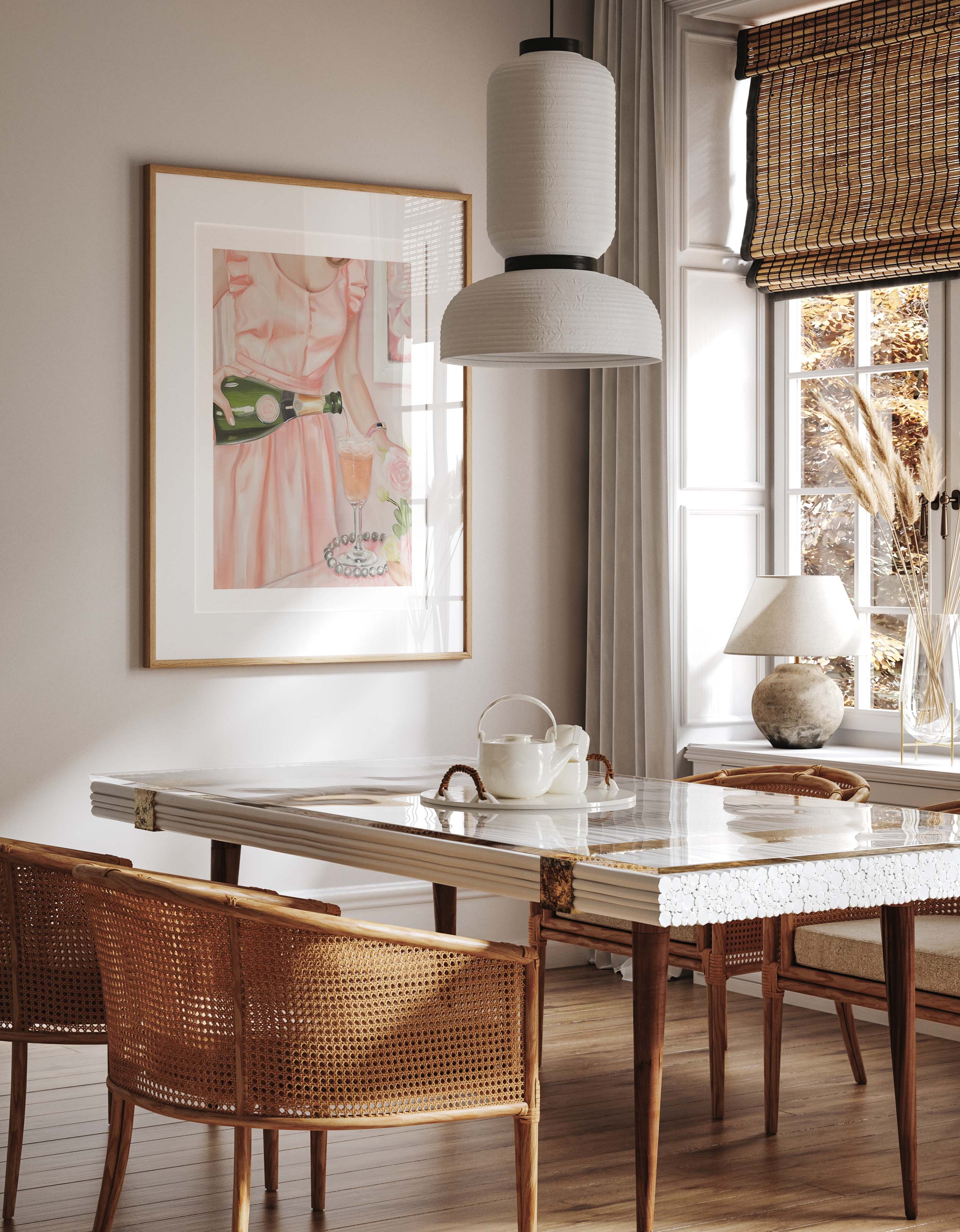 Pastel Champagne Pouring Elegant Vintage Scene Print