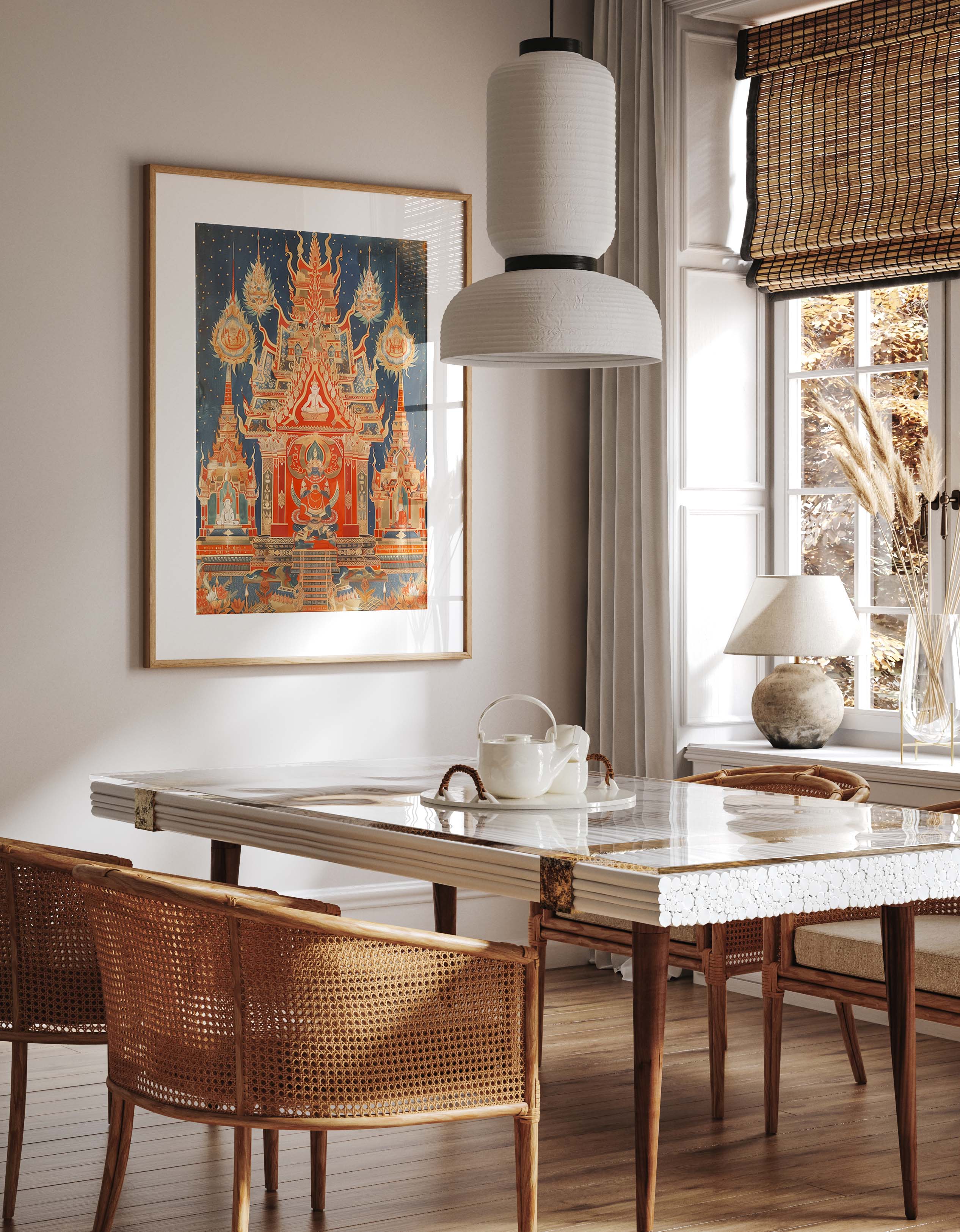 Thai Temple Deities Vibrant Gold Red Art Print