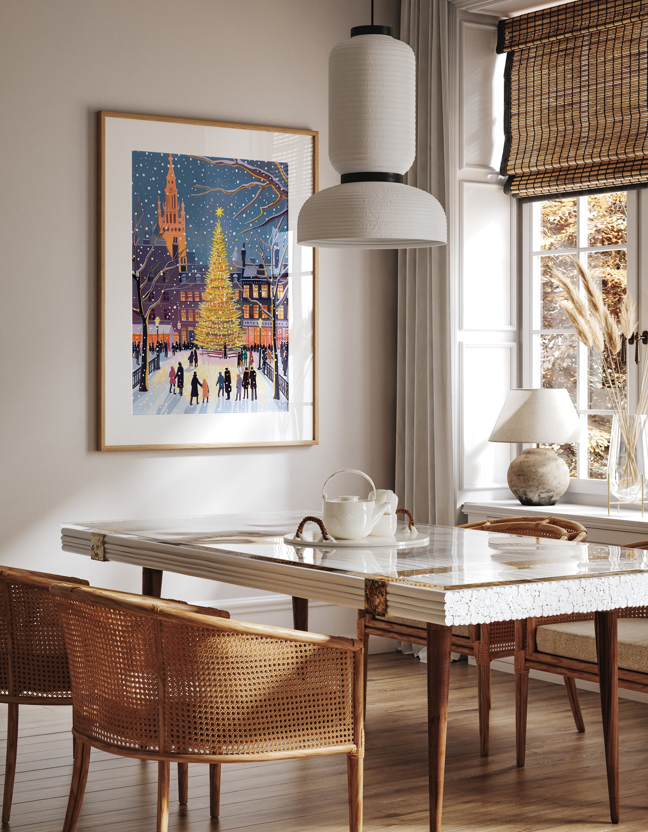 Festive Winter Town Square Christmas Tree Print