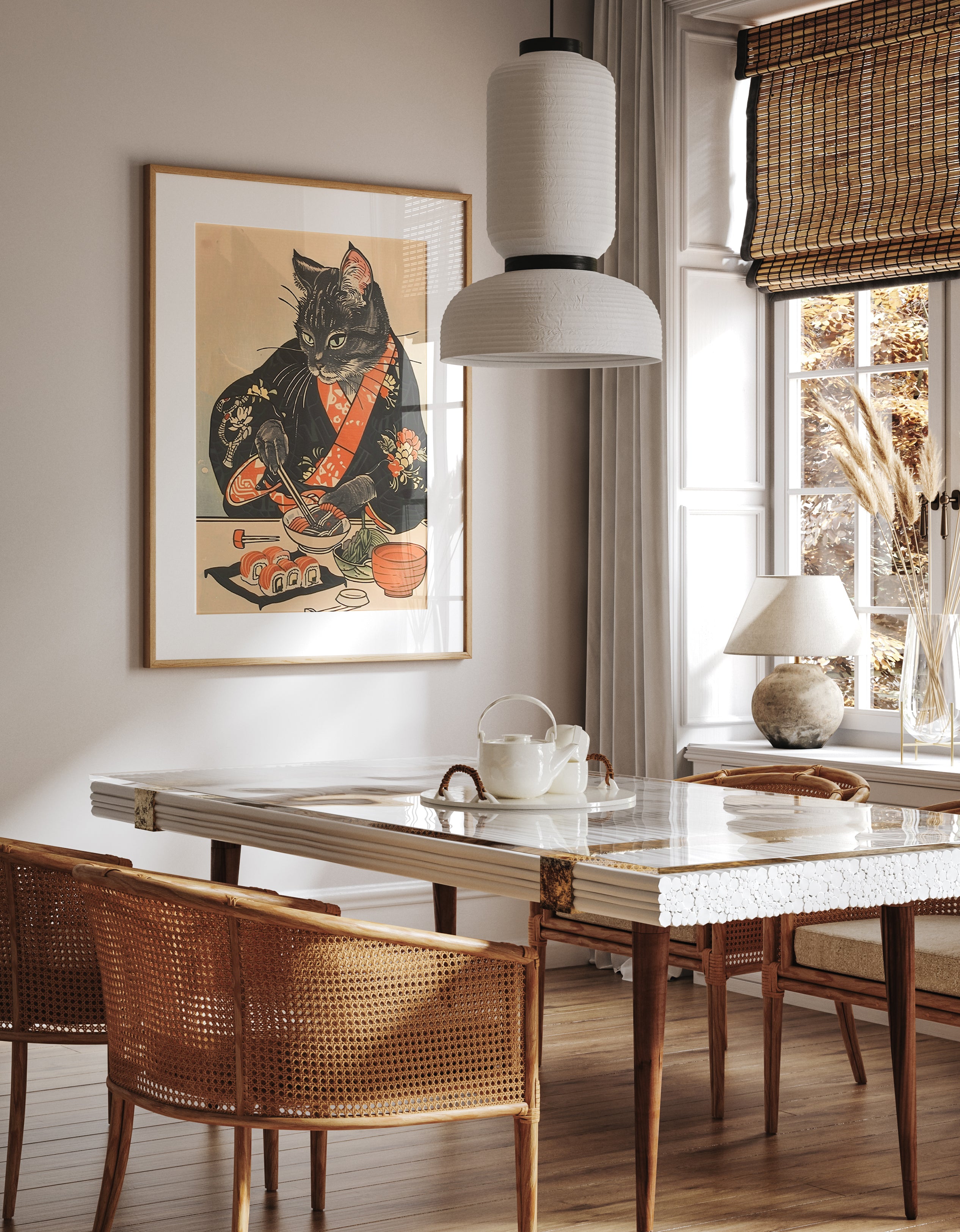 Japanese Ukiyo-e Cat Sushi Dining Art Print