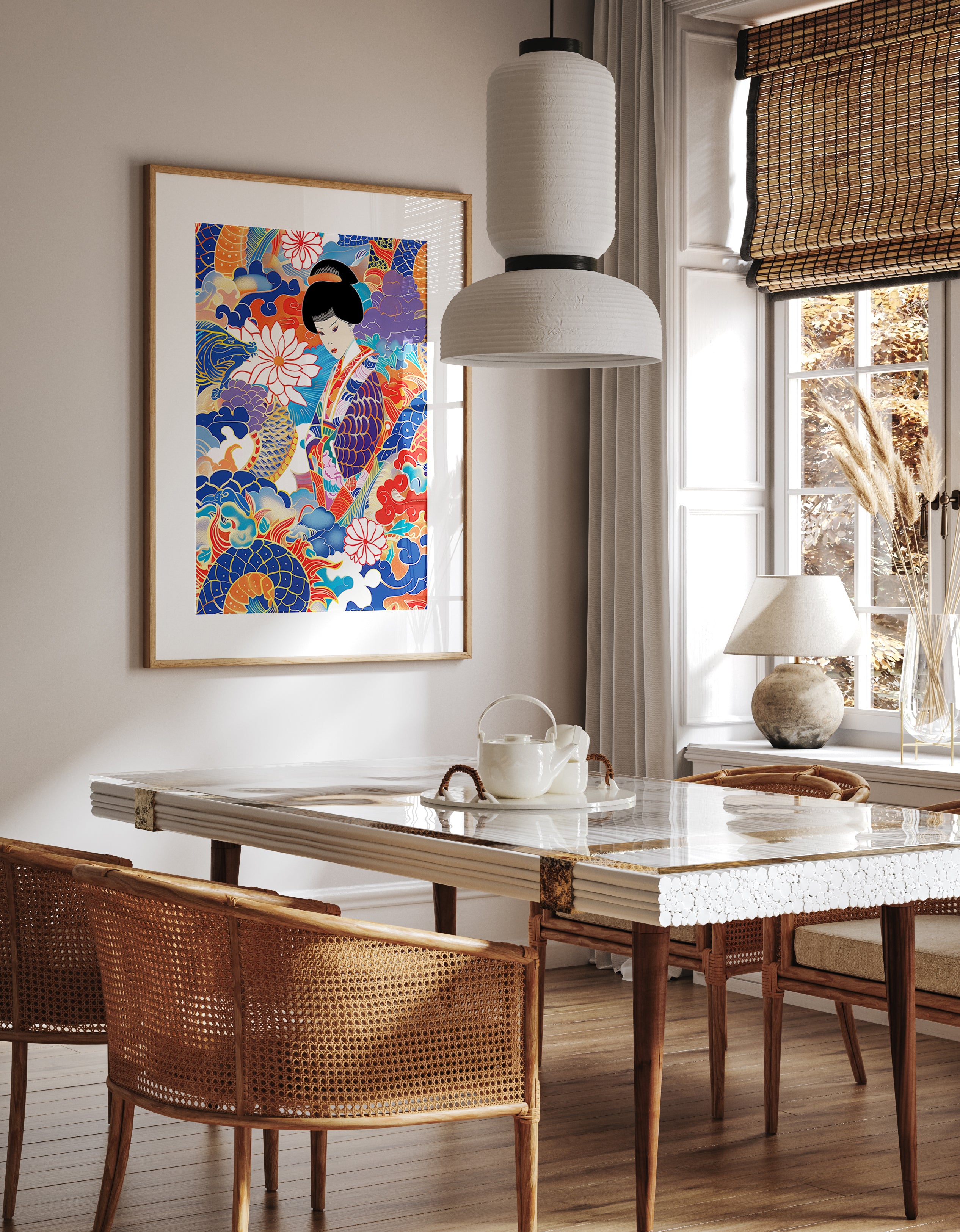 Geisha Dragon Lotus Tattoo Art Wall Print