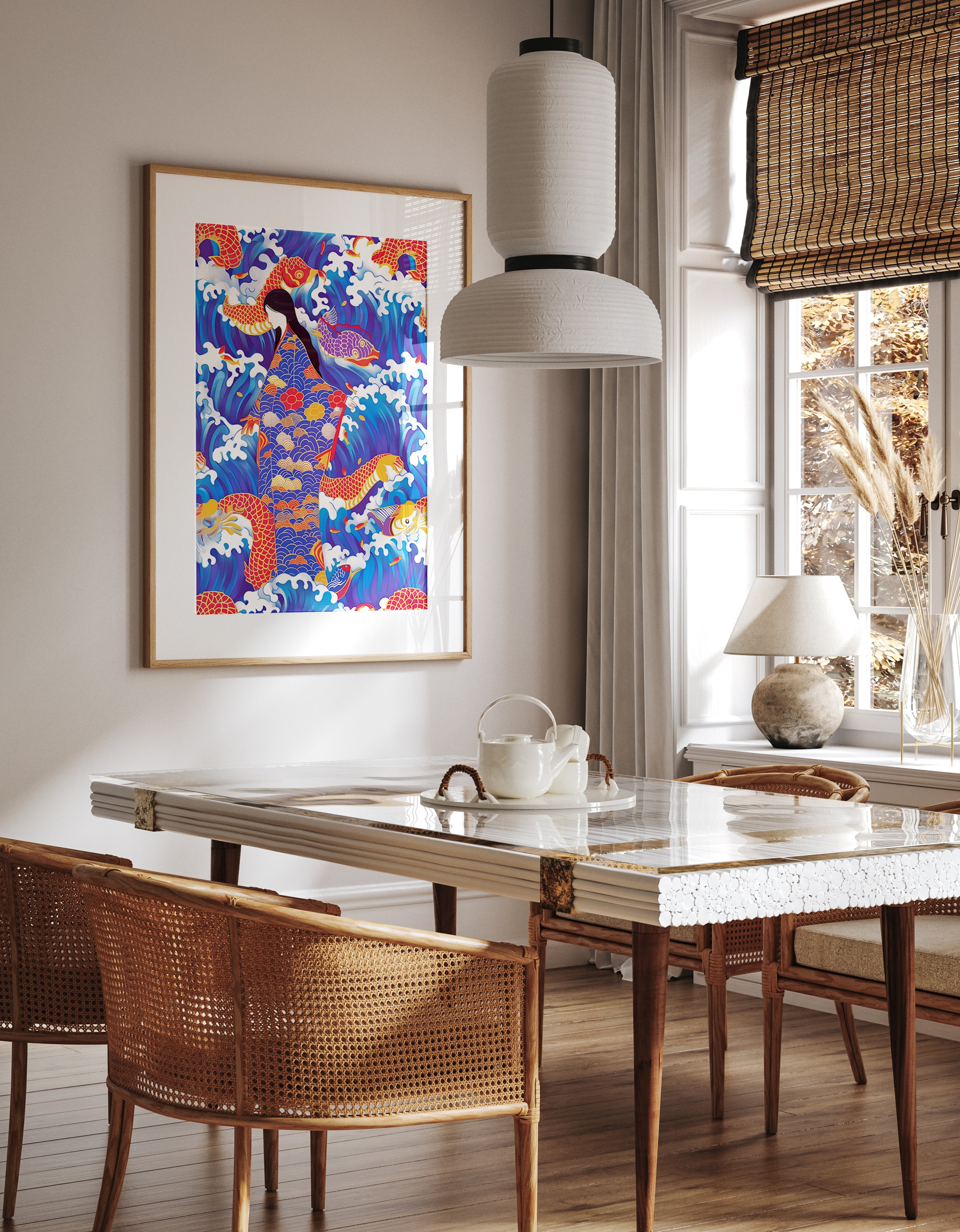 Koi Wave Woman Kimono Pattern Wall Print