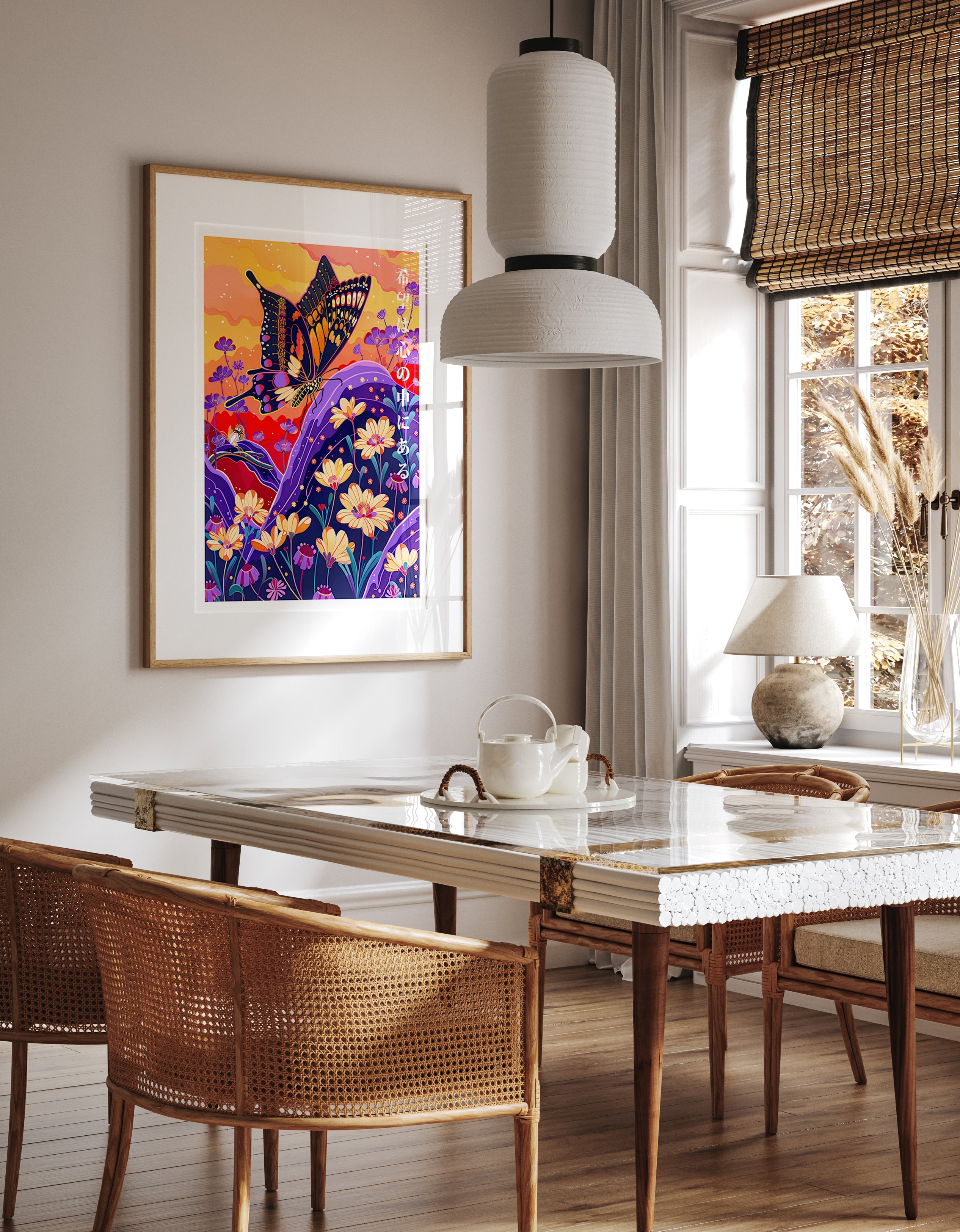 Hopeful Flight Wall Art – Japanese Butterfly and Floral Landscape Poster Print