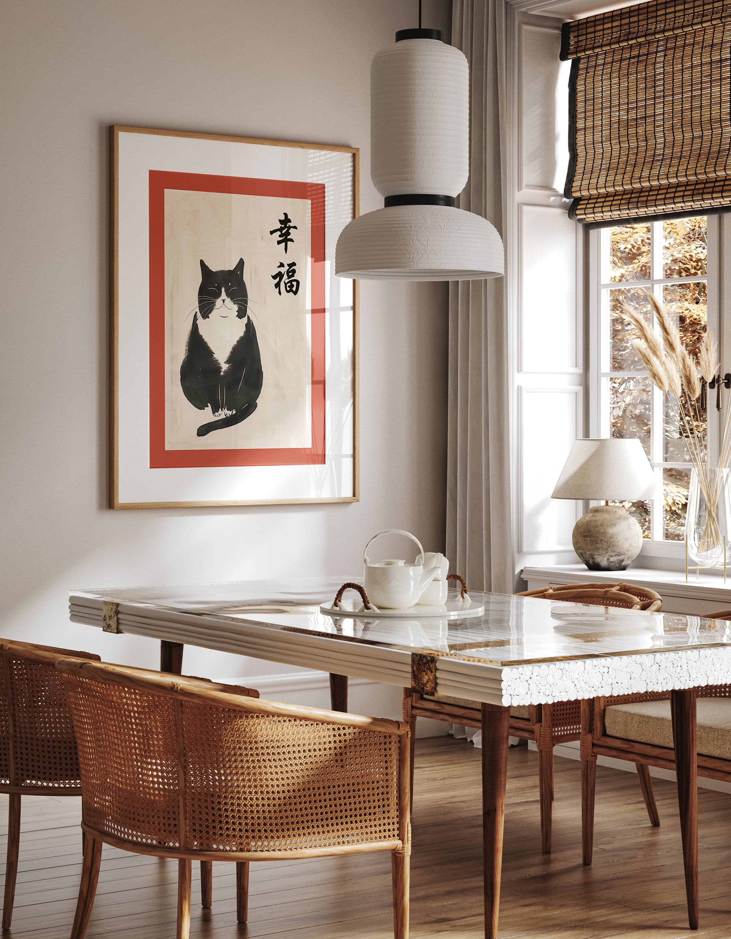 Zen Cat Happiness Wall Art – Minimalist Japanese Brush Style Ink Print